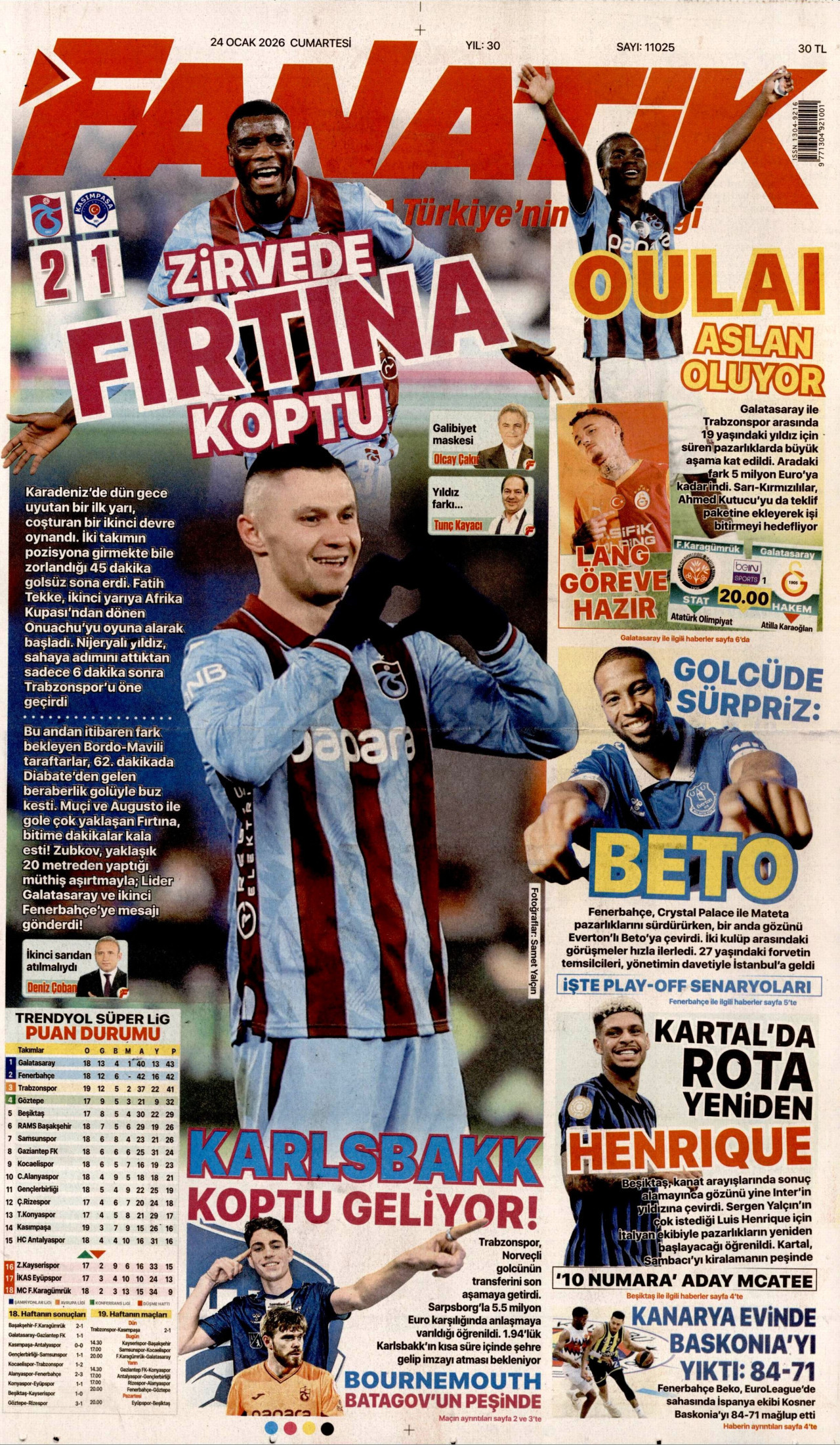 FANATİK gazetesinin 24 Ocak 2026 tarihli birinci sayfası