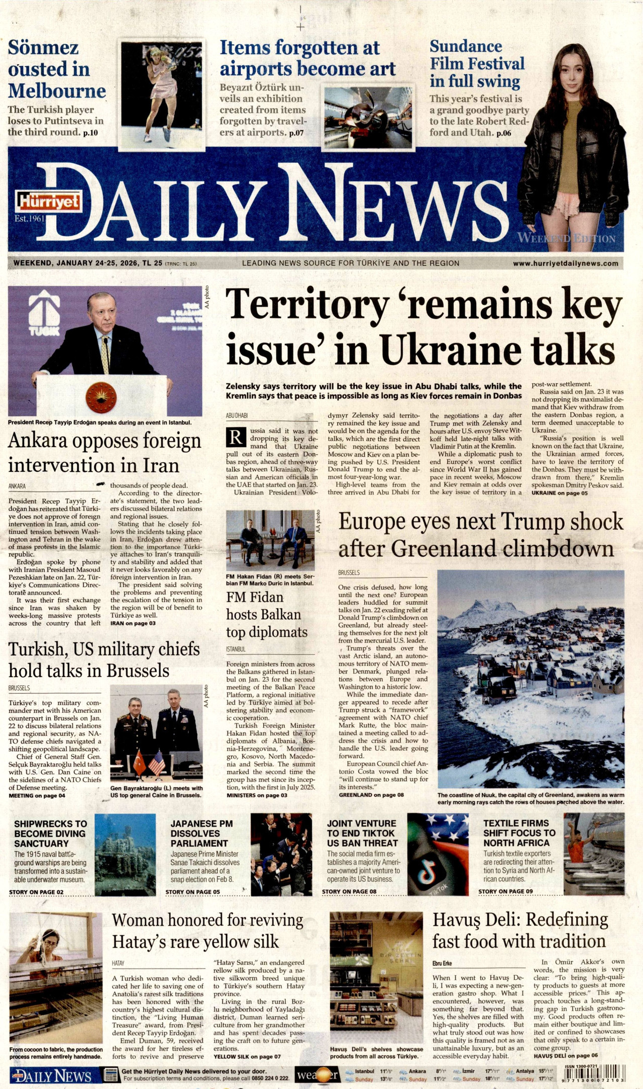 HÜRRİYET DAİLY NEWS gazetesinin 24 Ocak 2026 tarihli birinci sayfası