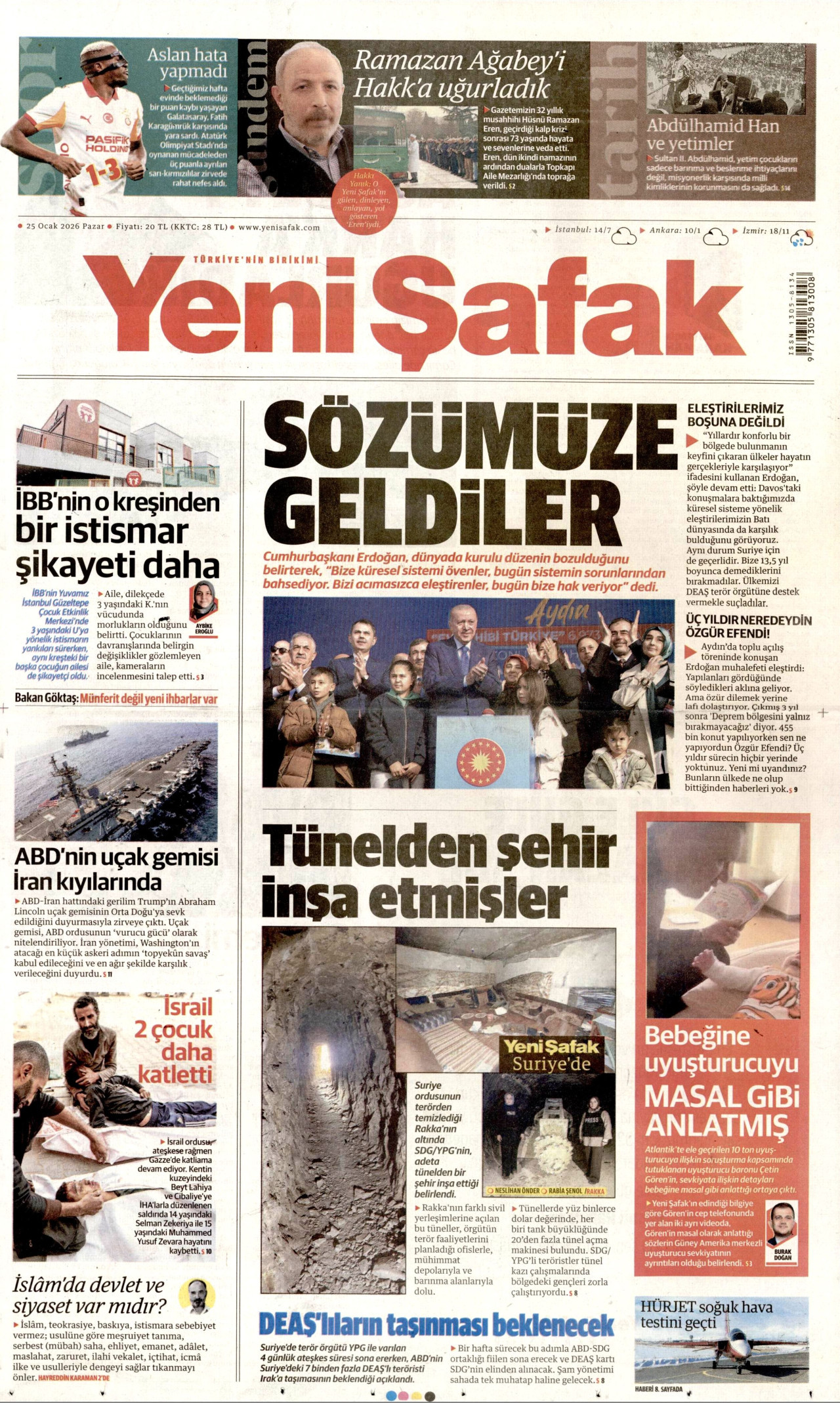 YENİ ŞAFAK gazetesinin 25 Ocak 2026 tarihli birinci sayfası