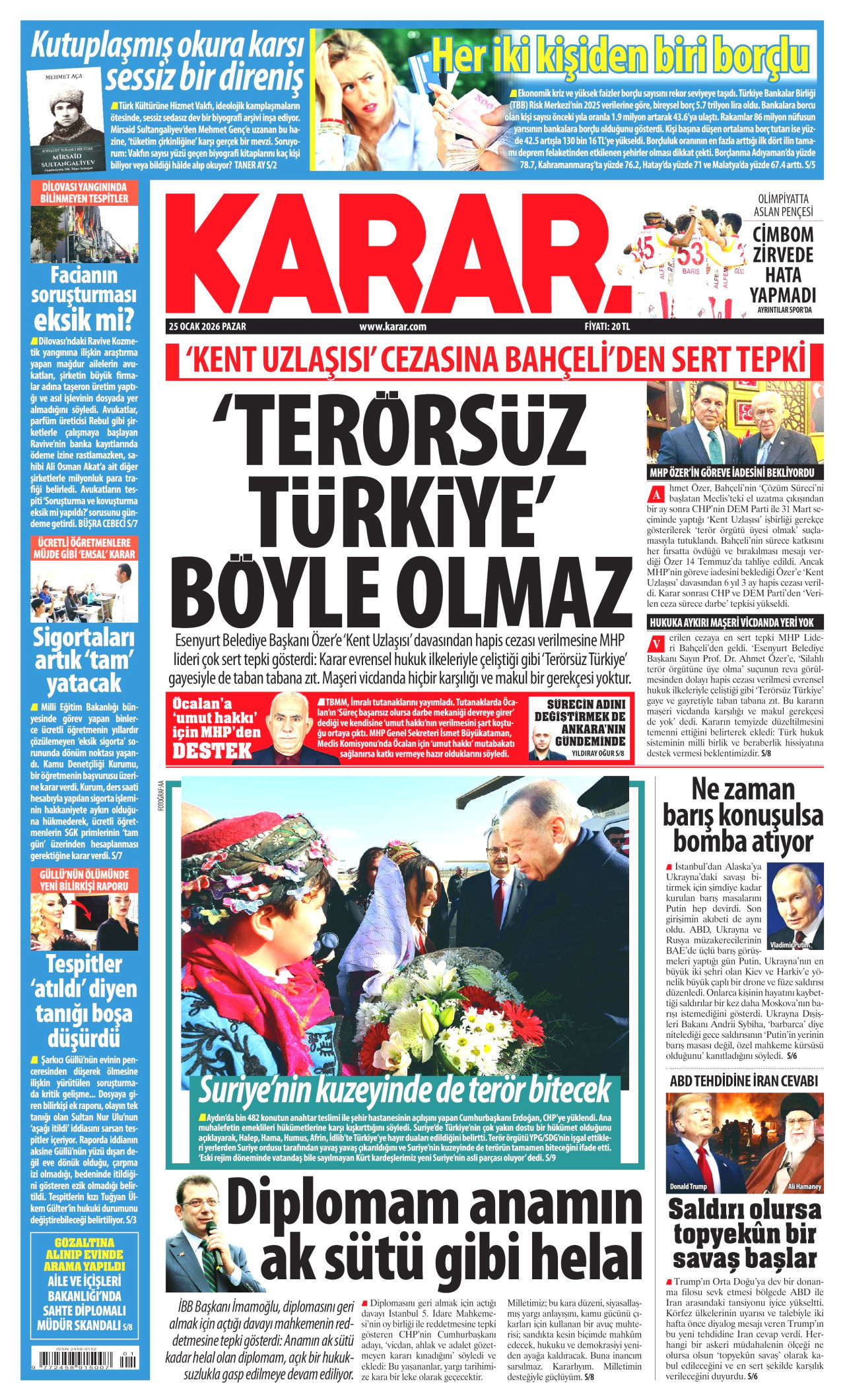 KARAR gazetesinin 25 Ocak 2026 tarihli birinci sayfası