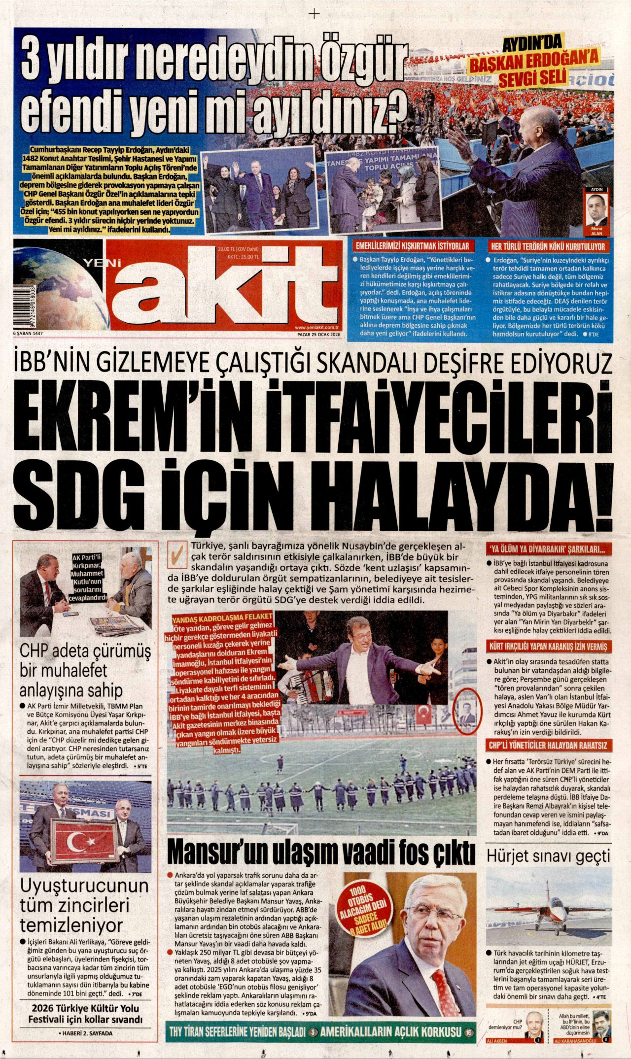 YENİ AKİT gazetesinin 25 Ocak 2026 tarihli birinci sayfası