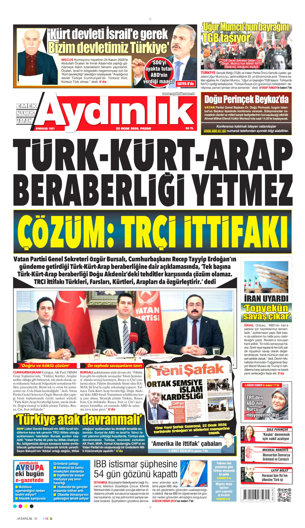 AYDINLIK GAZETESİ gazetesinin 25 Ocak 2026 tarihli birinci sayfası