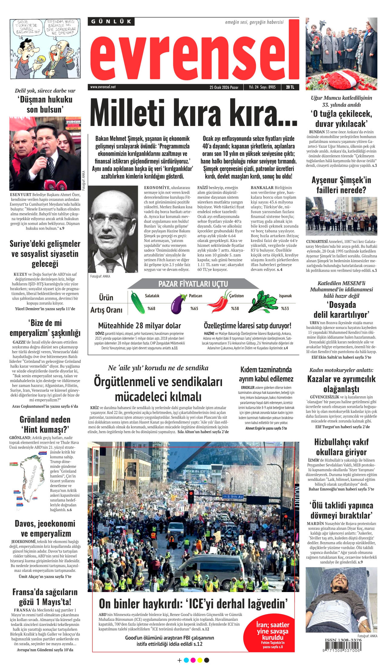 EVRENSEL gazetesinin 25 Ocak 2026 tarihli birinci sayfası