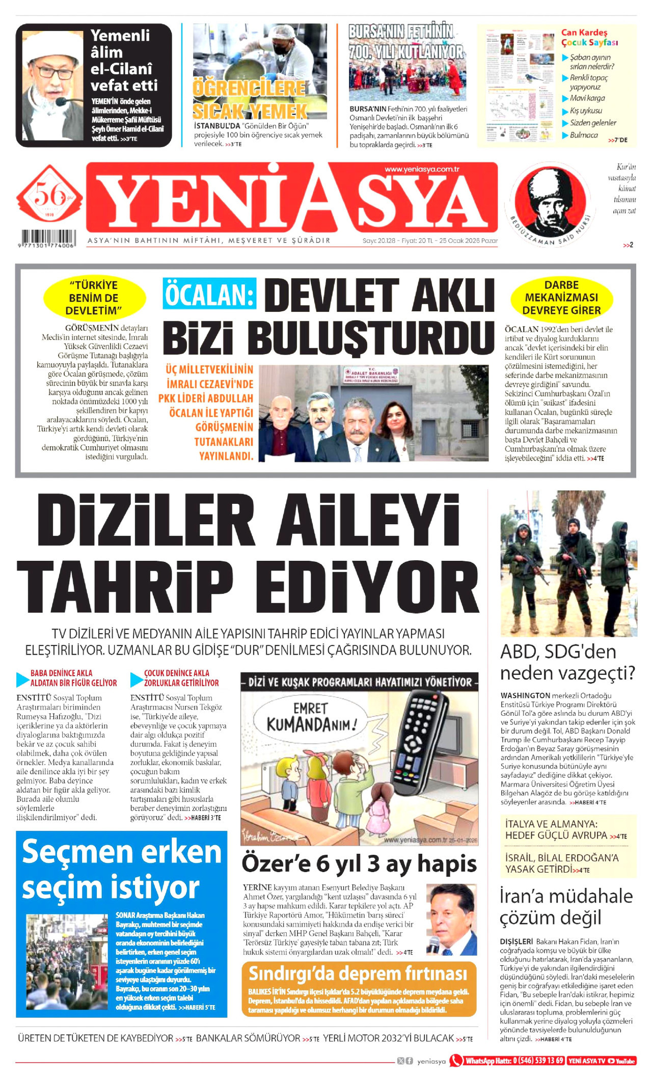 YENİ ASYA gazetesinin 25 Ocak 2026 tarihli birinci sayfası