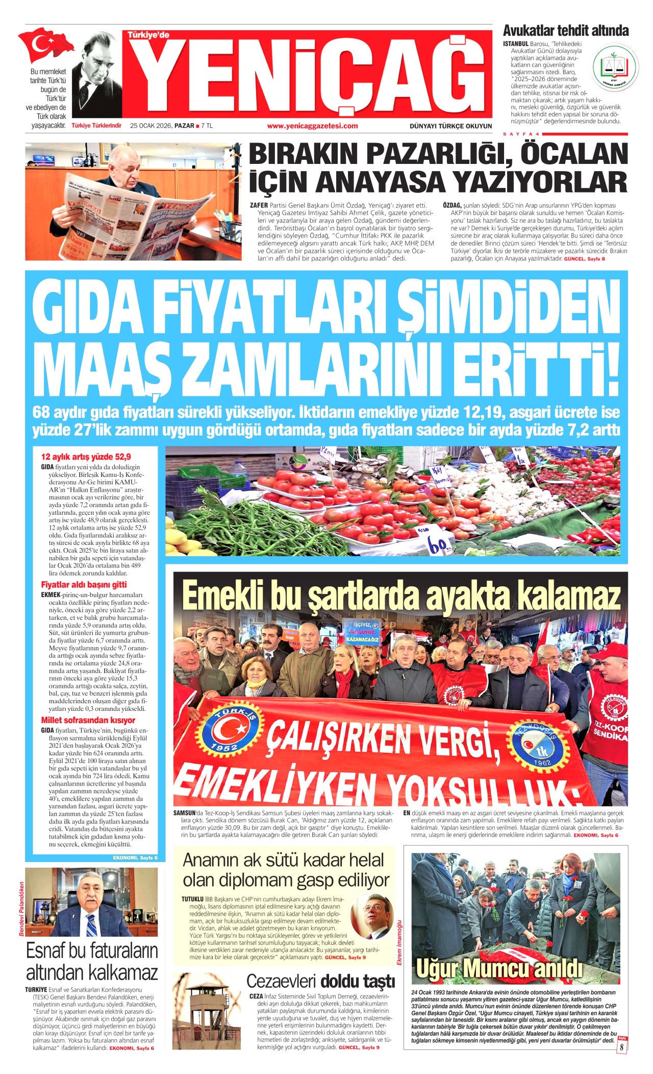 YENİÇAĞ gazetesinin 25 Ocak 2026 tarihli birinci sayfası