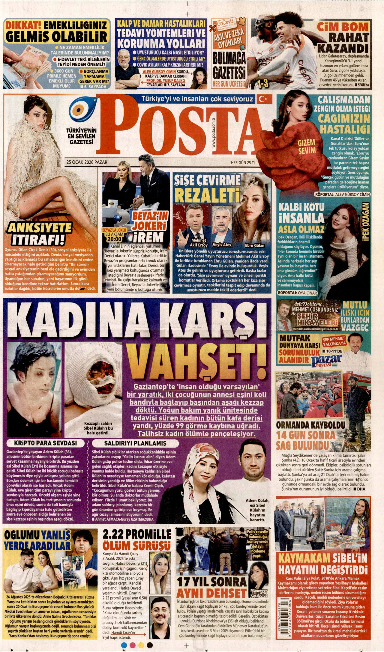 POSTA gazetesinin 25 Ocak 2026 tarihli birinci sayfası