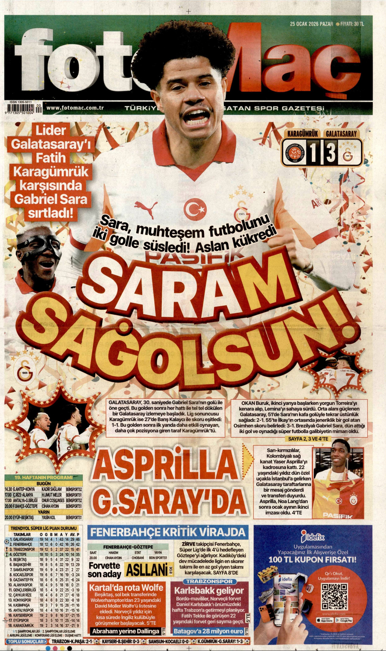 FOTOMAÇ gazetesinin 25 Ocak 2026 tarihli birinci sayfası