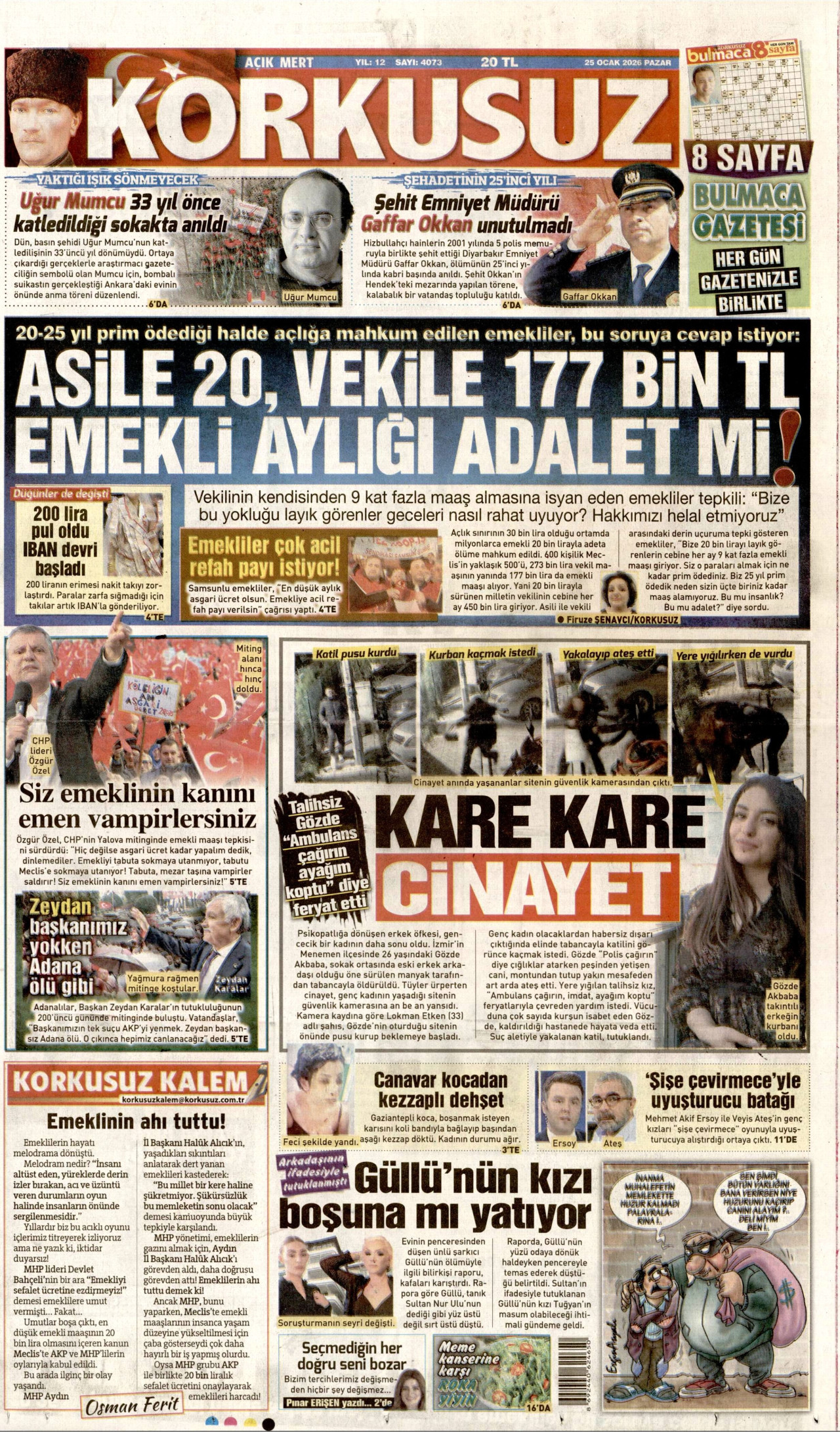 KORKUSUZ gazetesinin 25 Ocak 2026 tarihli birinci sayfası