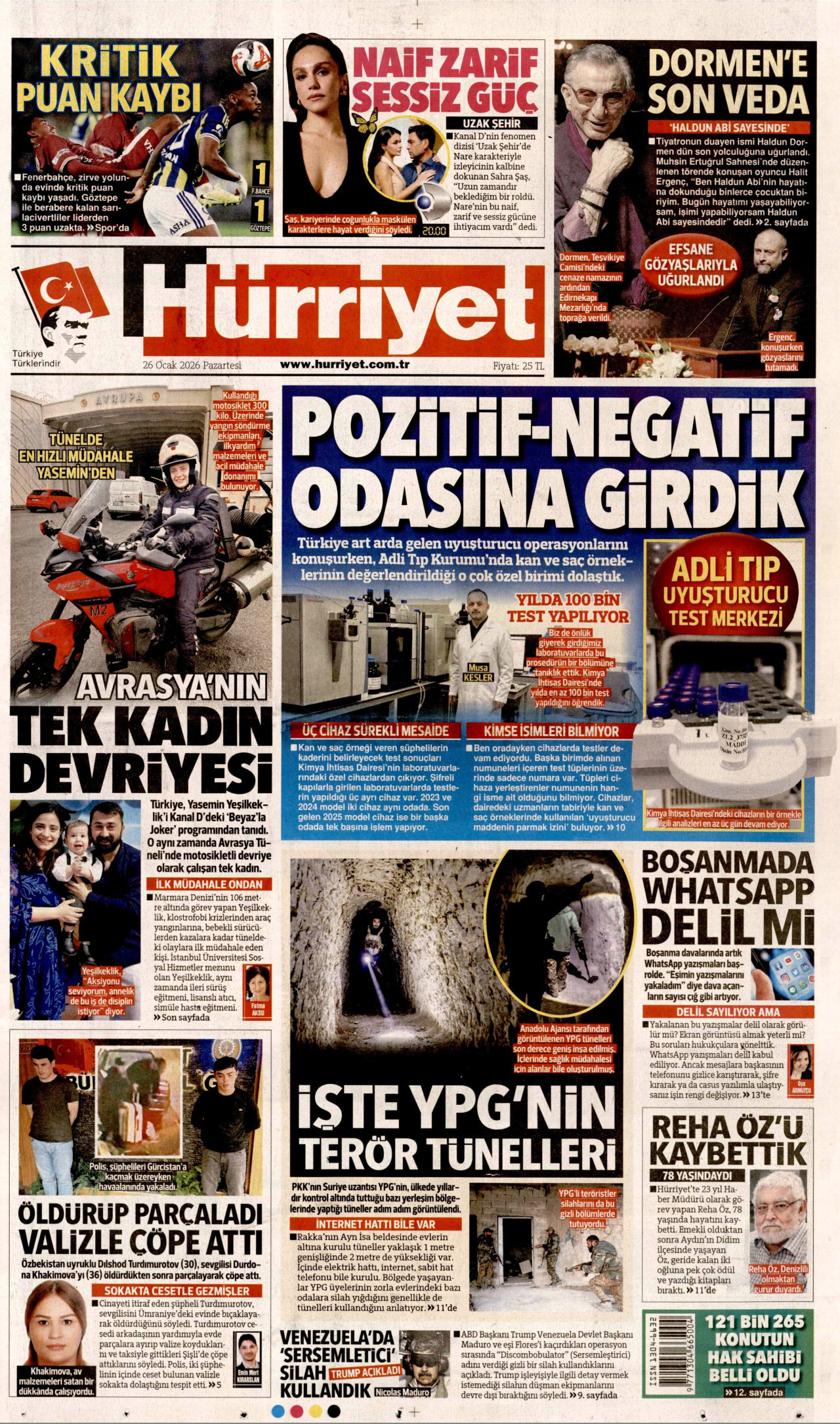 HÜRRİYET gazetesinin 26 Ocak 2026 tarihli birinci sayfası