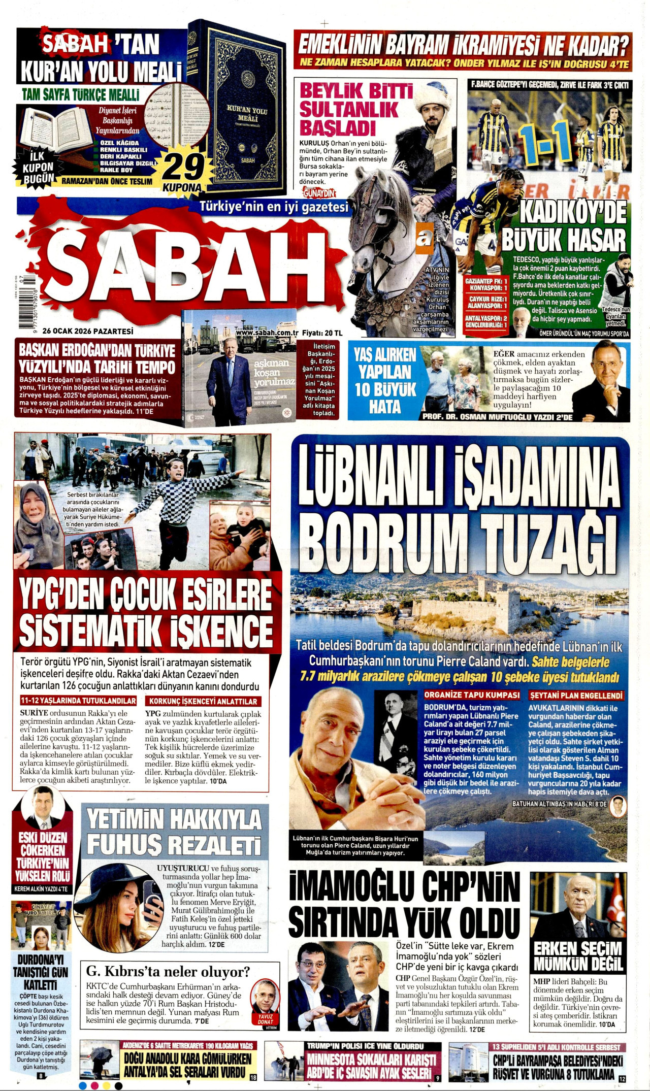 SABAH gazetesinin 26 Ocak 2026 tarihli birinci sayfası