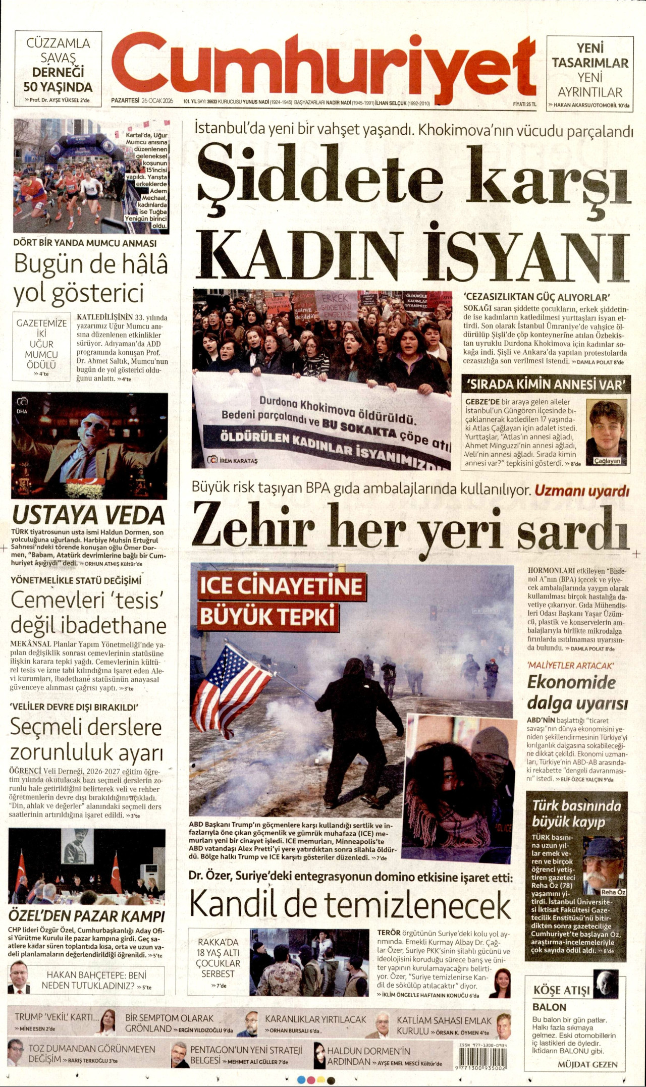 CUMHURİYET gazetesinin 26 Ocak 2026 tarihli birinci sayfası