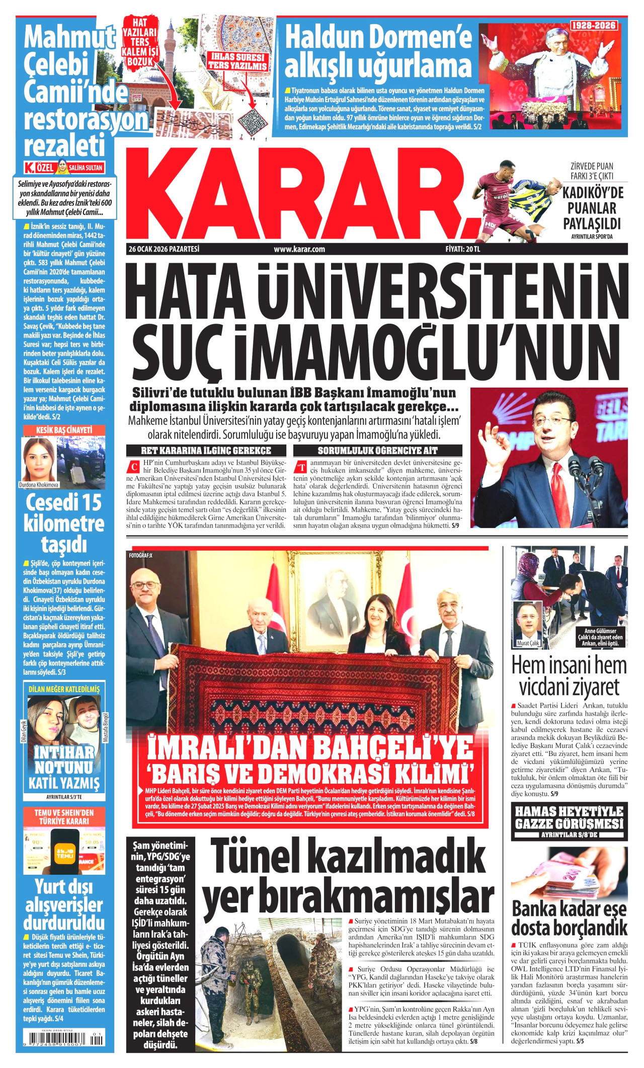 KARAR gazetesinin 26 Ocak 2026 tarihli birinci sayfası