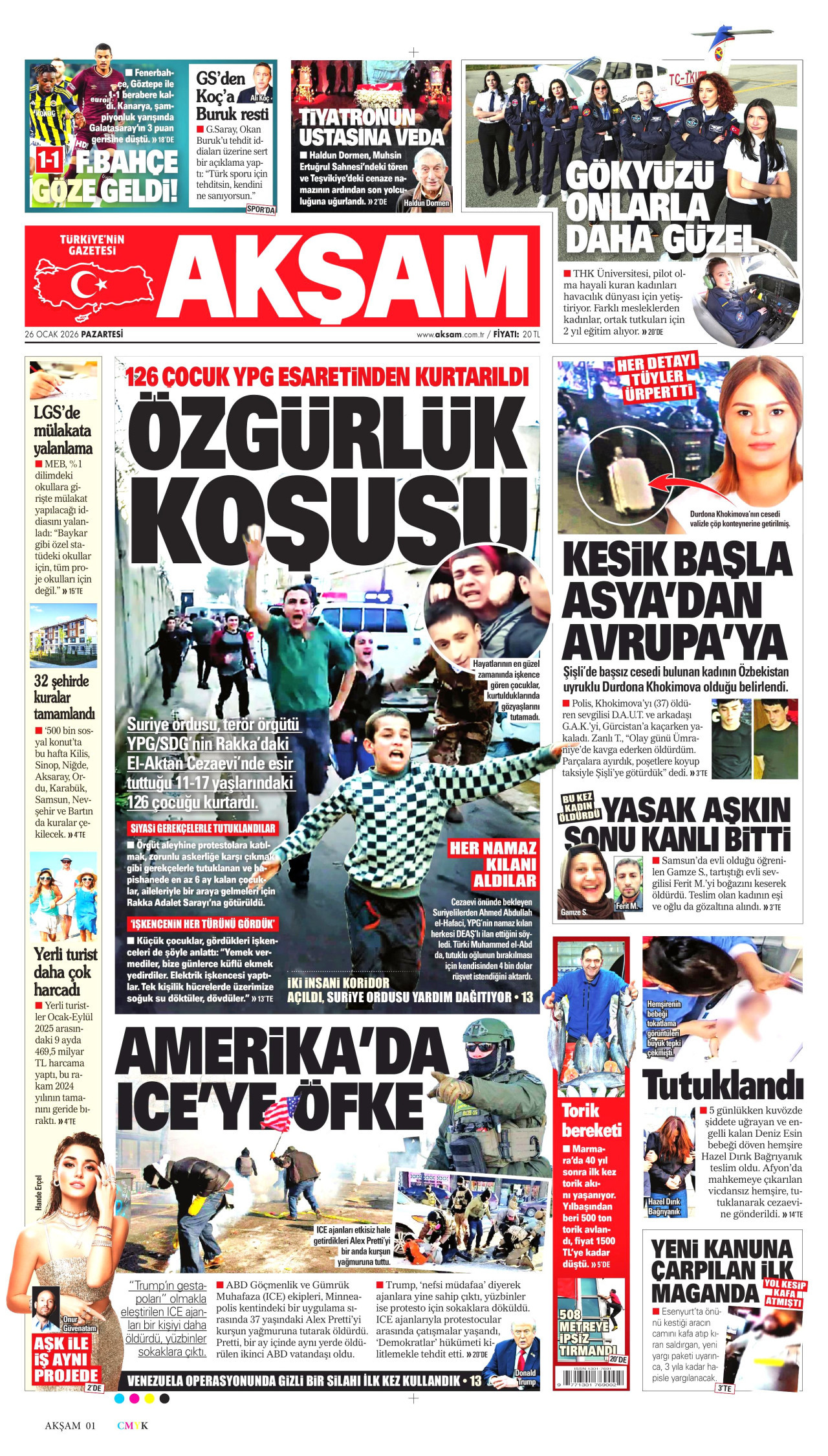 AKŞAM gazetesinin 26 Ocak 2026 tarihli birinci sayfası