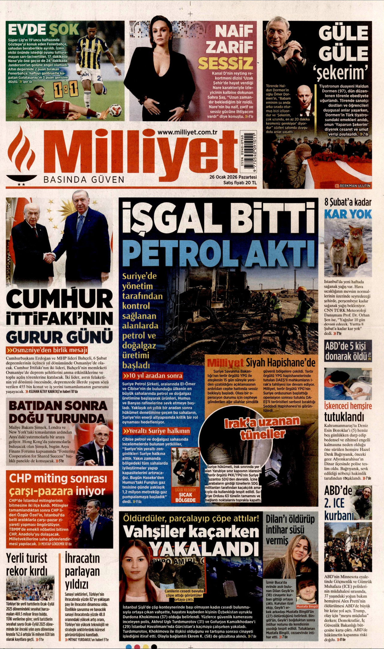 MİLLİYET gazetesinin 26 Ocak 2026 tarihli birinci sayfası