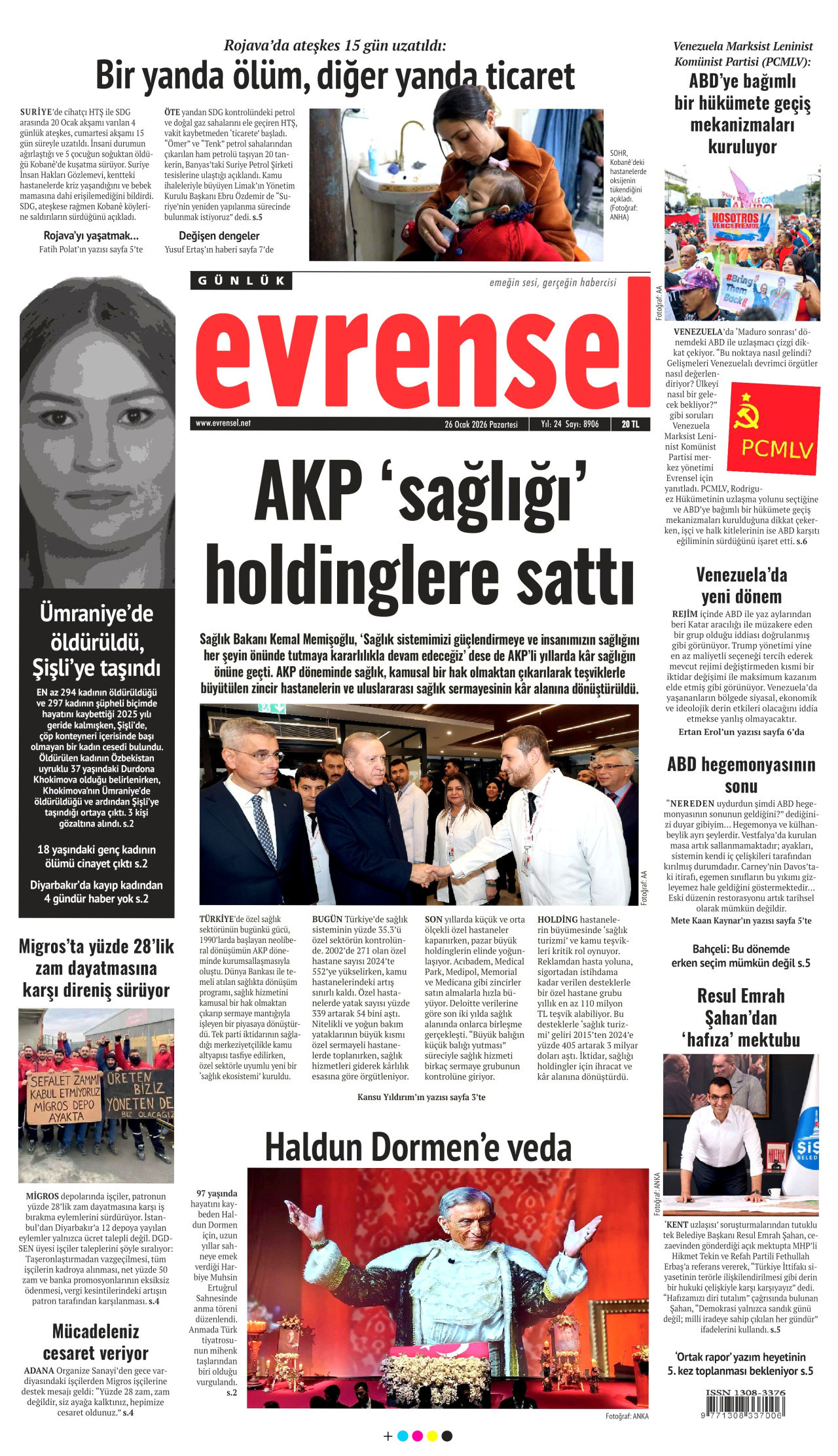 EVRENSEL gazetesinin 26 Ocak 2026 tarihli birinci sayfası
