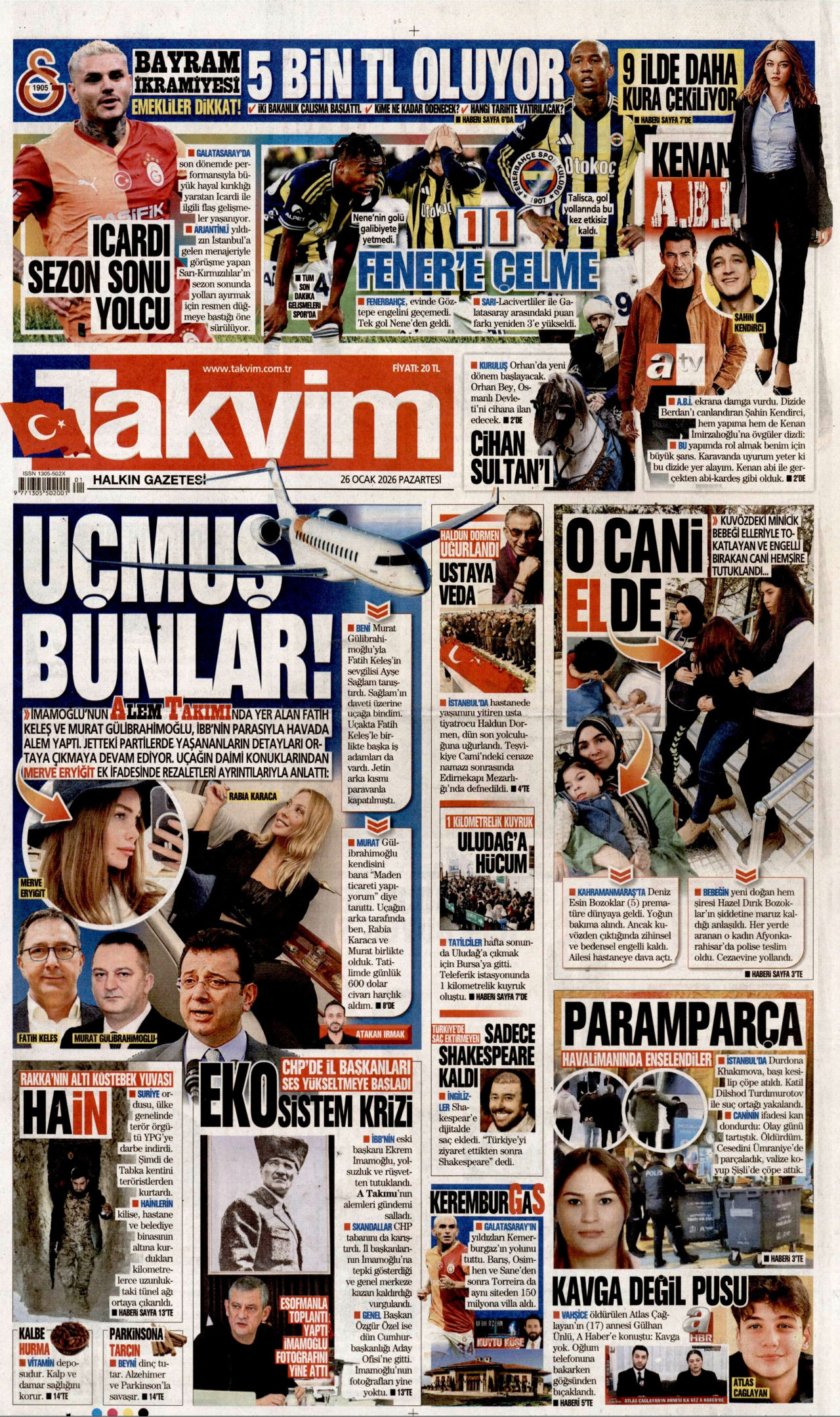 TAKVİM gazetesinin 26 Ocak 2026 tarihli birinci sayfası