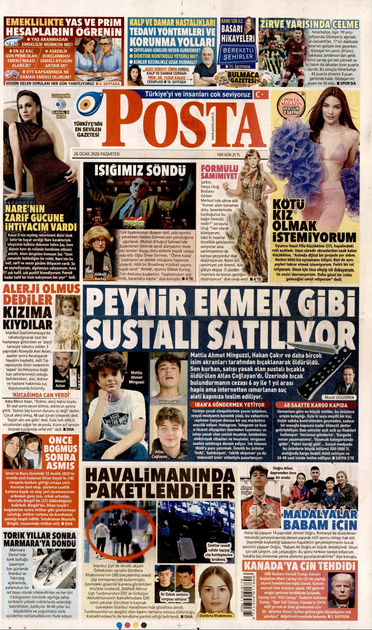 POSTA gazetesinin 26 Ocak 2026 tarihli birinci sayfası