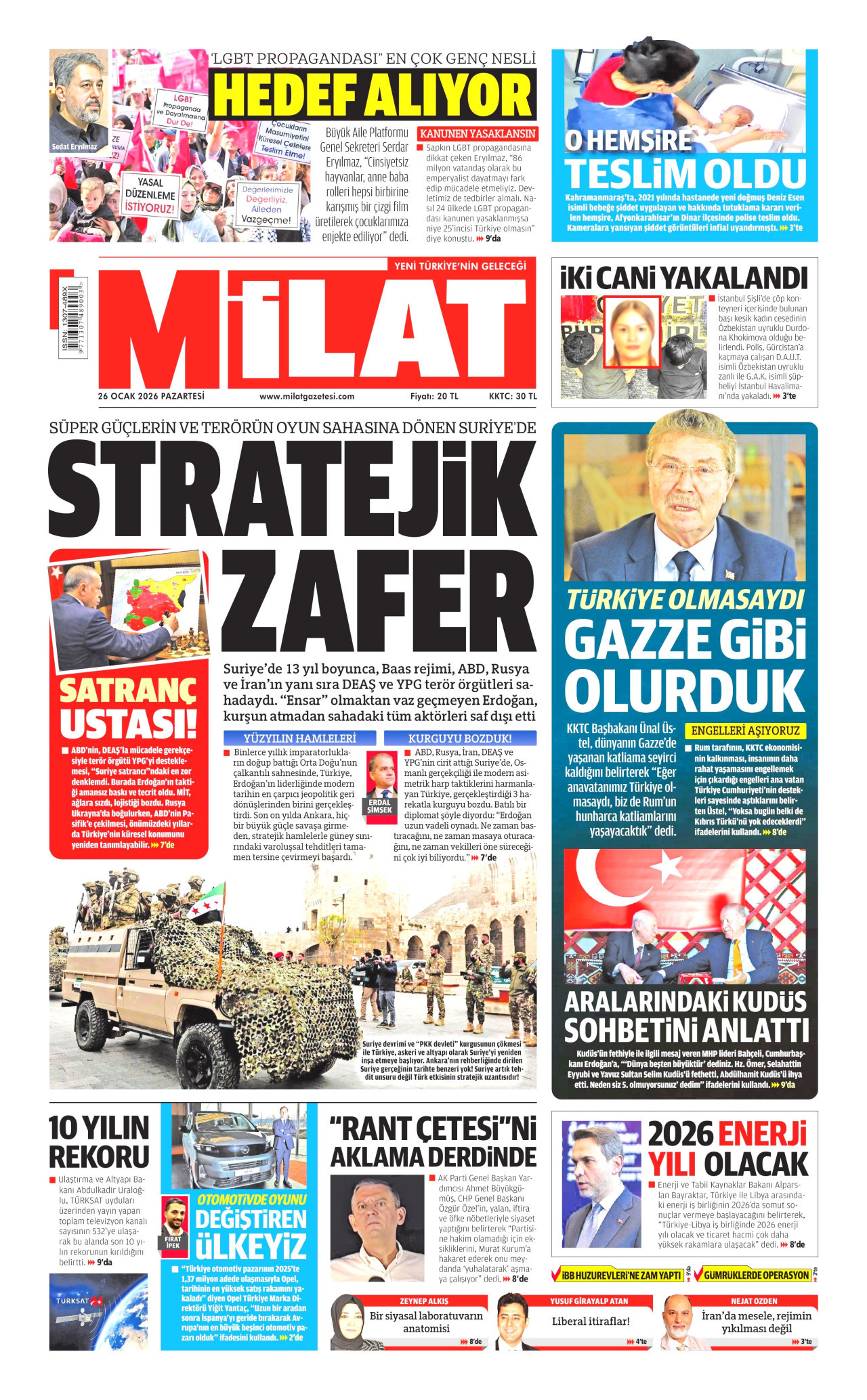 MİLAT gazetesinin 26 Ocak 2026 tarihli birinci sayfası