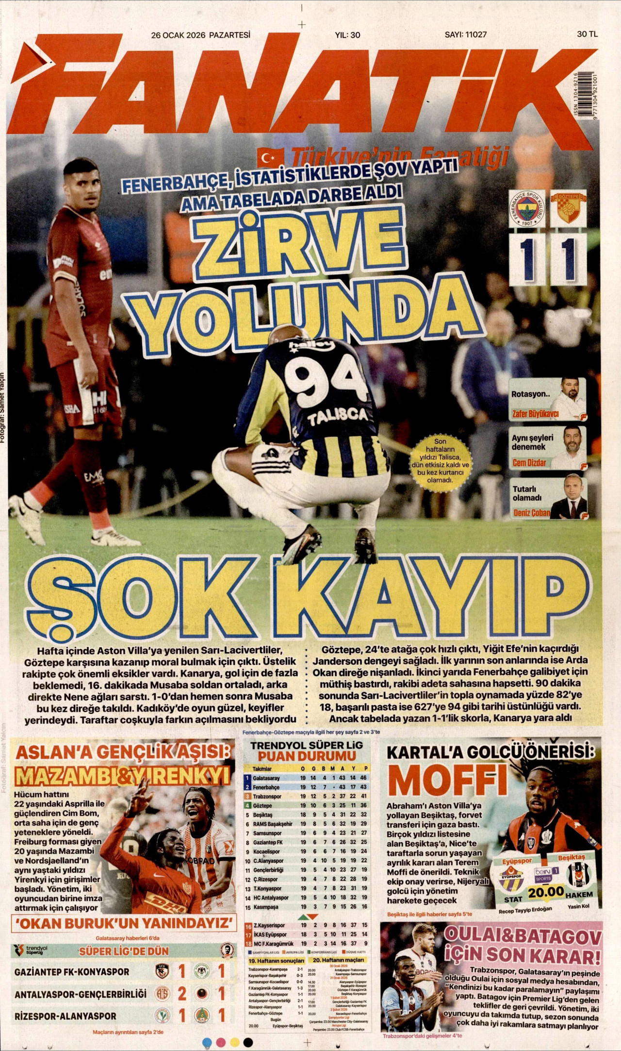 FANATİK gazetesinin 26 Ocak 2026 tarihli birinci sayfası