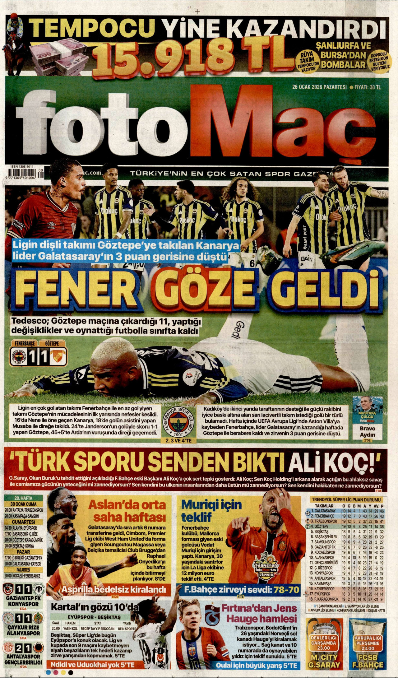 FOTOMAÇ gazetesinin 26 Ocak 2026 tarihli birinci sayfası
