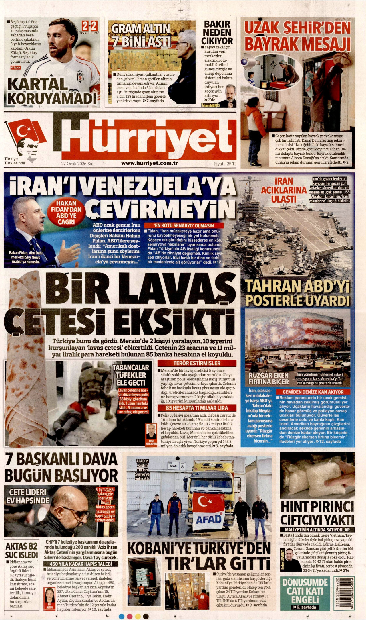 HÜRRİYET gazetesinin 27 Ocak 2026 tarihli birinci sayfası