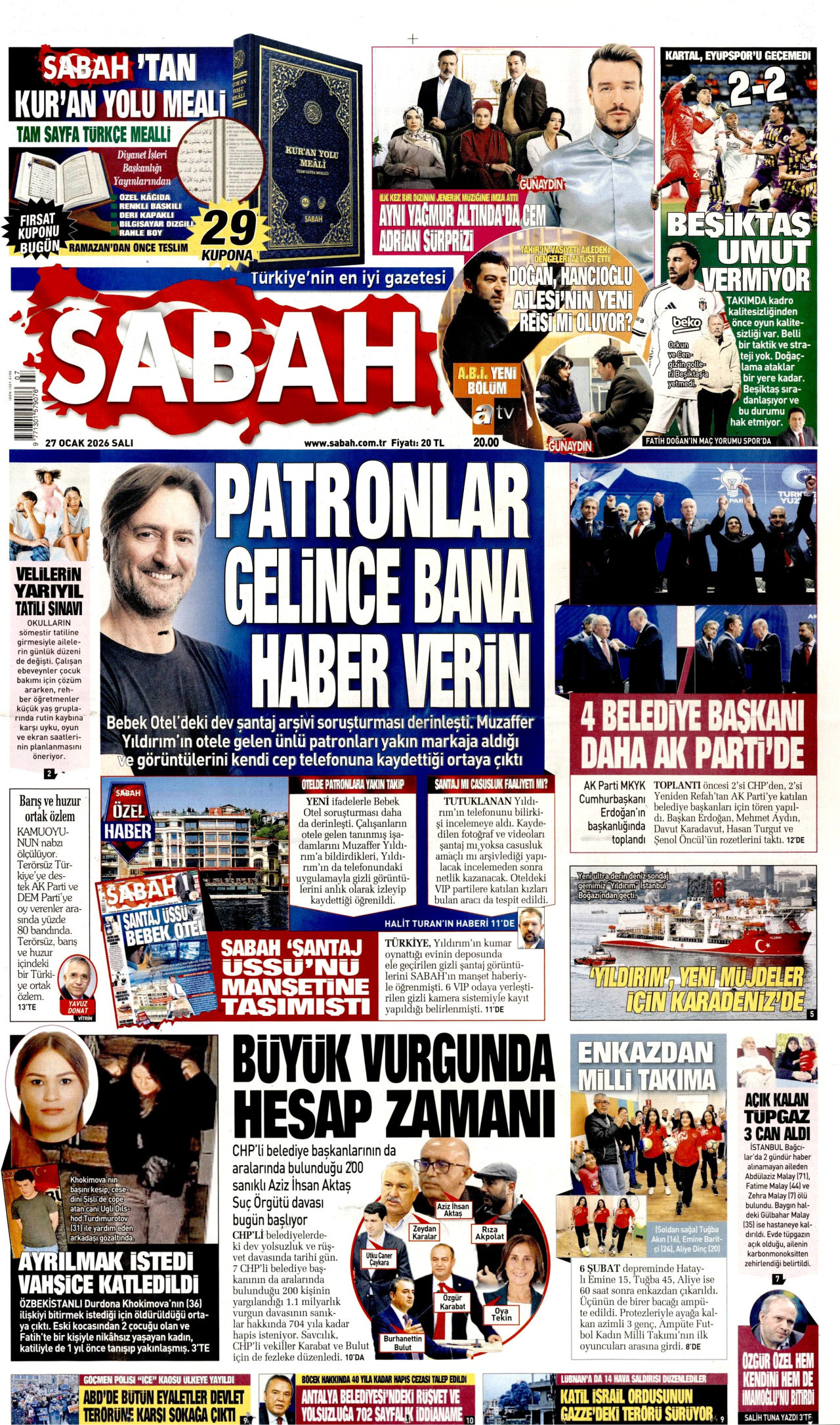 SABAH gazetesinin 27 Ocak 2026 tarihli birinci sayfası
