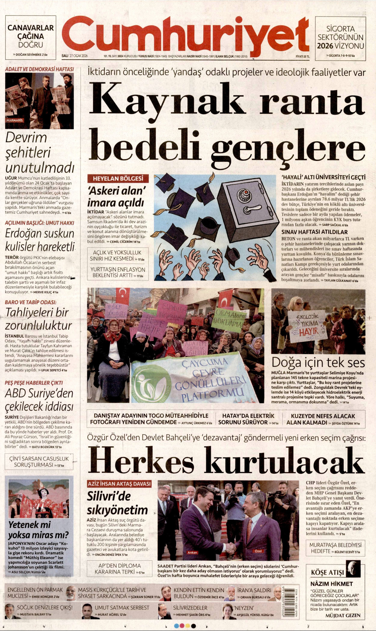 CUMHURİYET gazetesinin 27 Ocak 2026 tarihli birinci sayfası