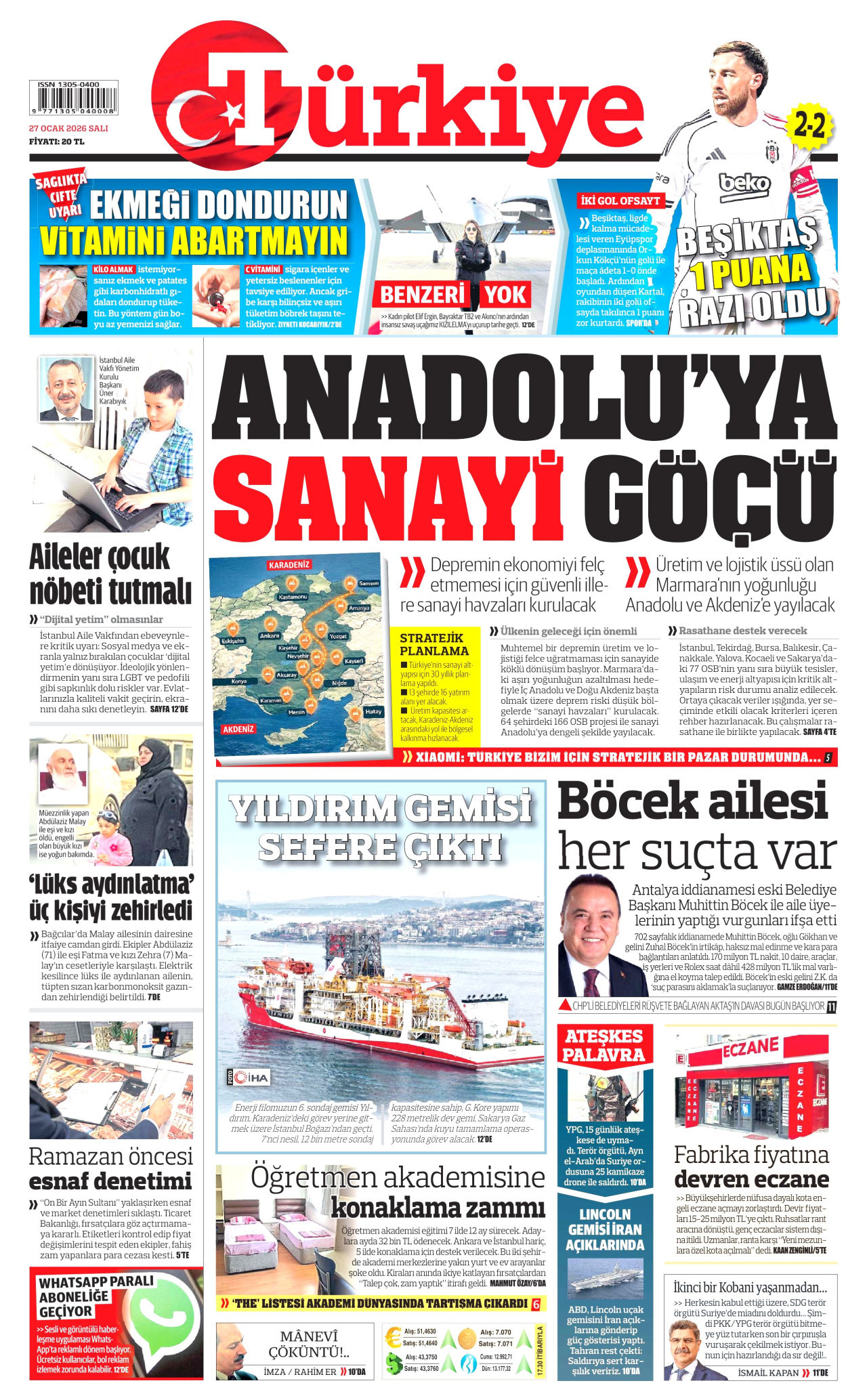 TÜRKİYE GAZETESİ gazetesinin 27 Ocak 2026 tarihli birinci sayfası
