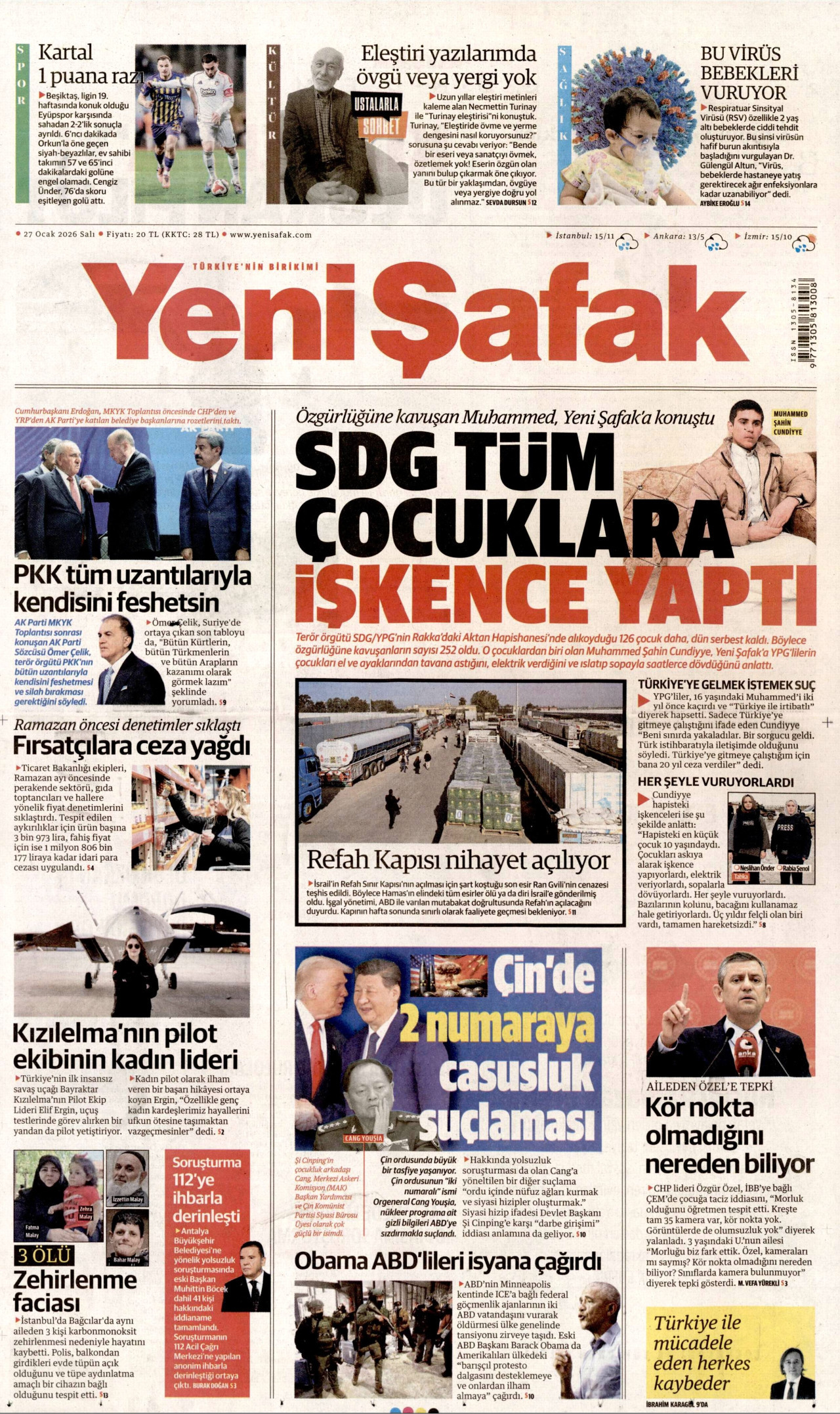 YENİ ŞAFAK gazetesinin 27 Ocak 2026 tarihli birinci sayfası