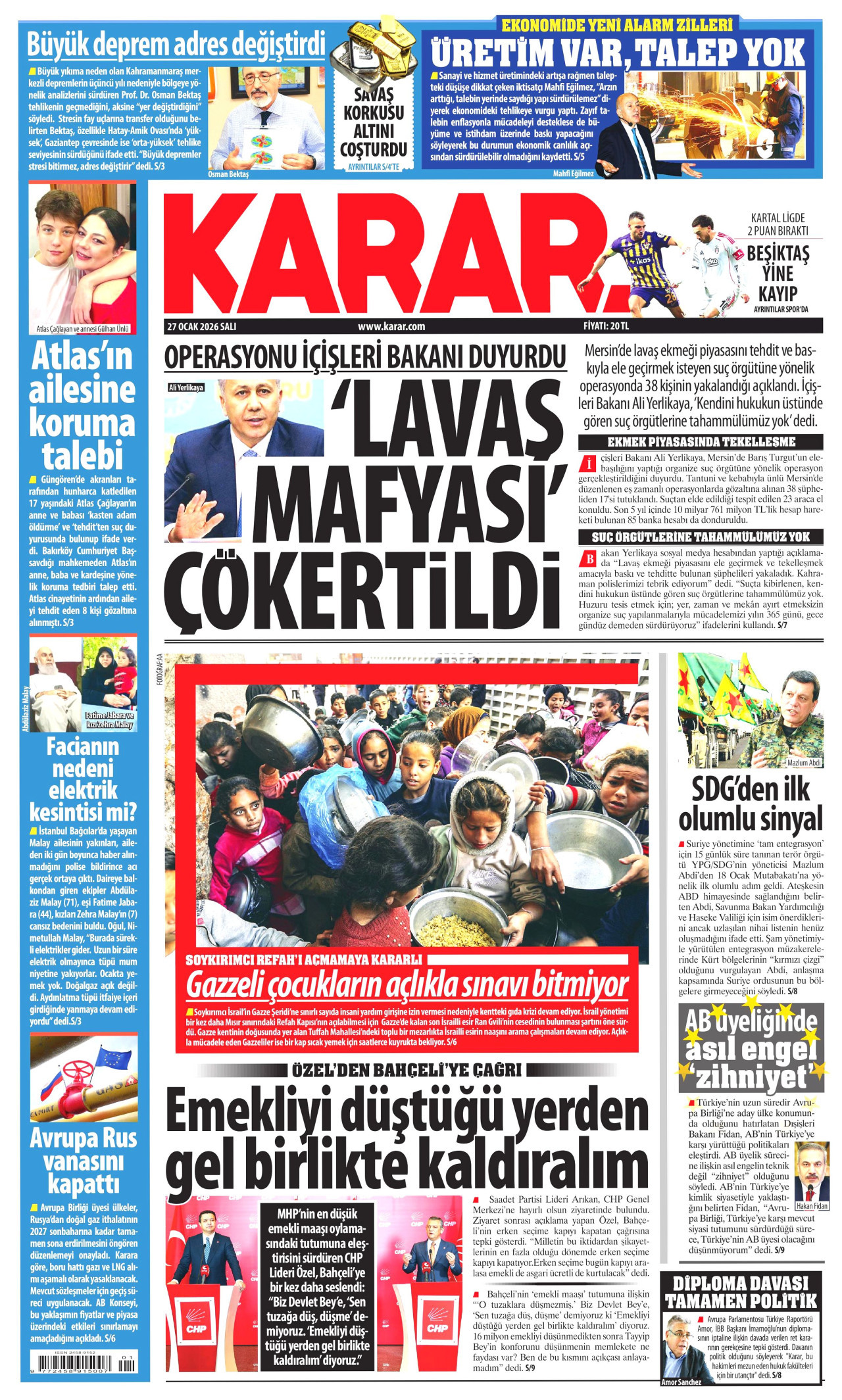 KARAR gazetesinin 27 Ocak 2026 tarihli birinci sayfası