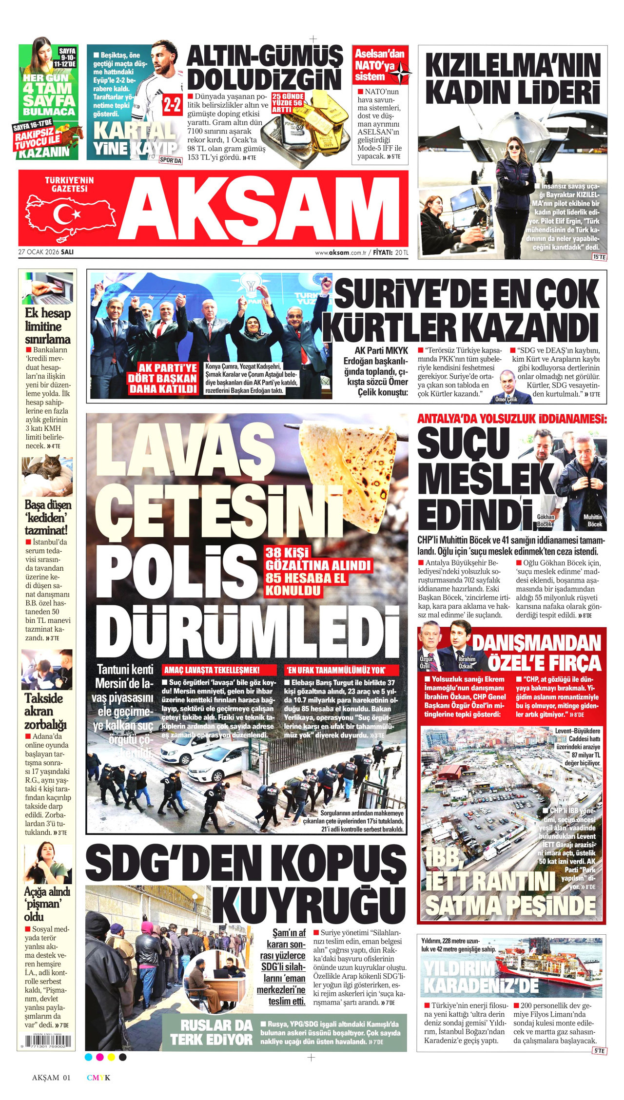 AKŞAM gazetesinin 27 Ocak 2026 tarihli birinci sayfası