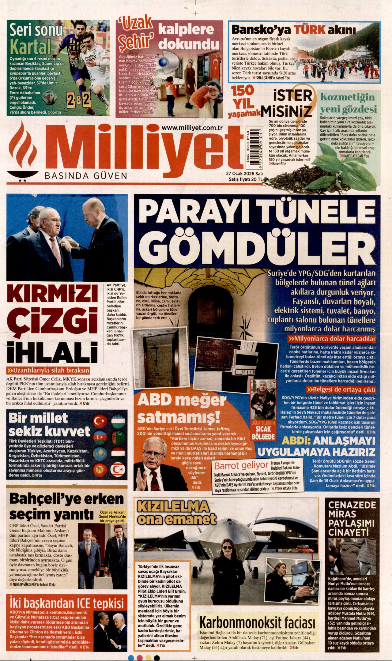 MİLLİYET gazetesinin 27 Ocak 2026 tarihli birinci sayfası