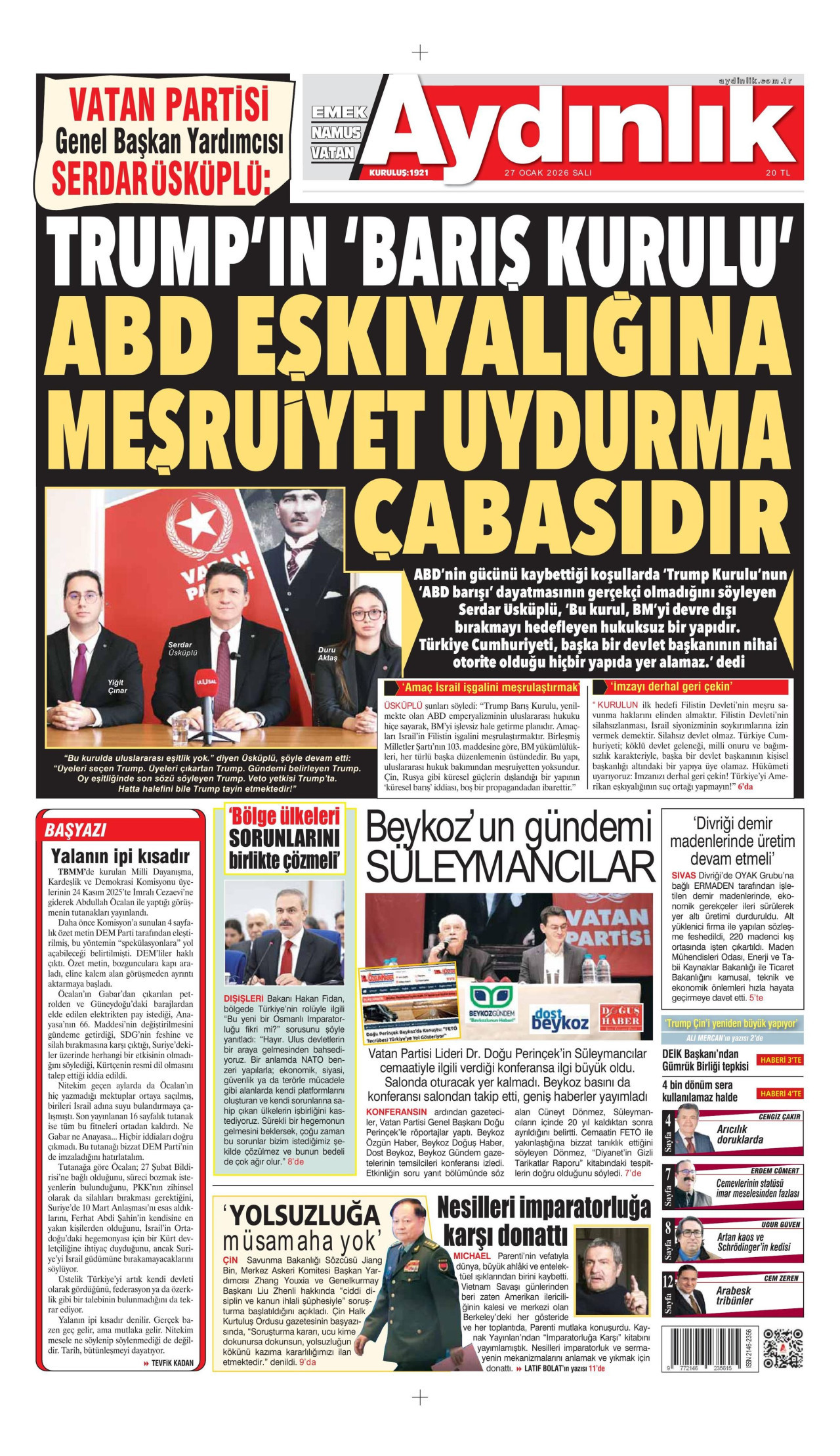 AYDINLIK GAZETESİ gazetesinin 27 Ocak 2026 tarihli birinci sayfası
