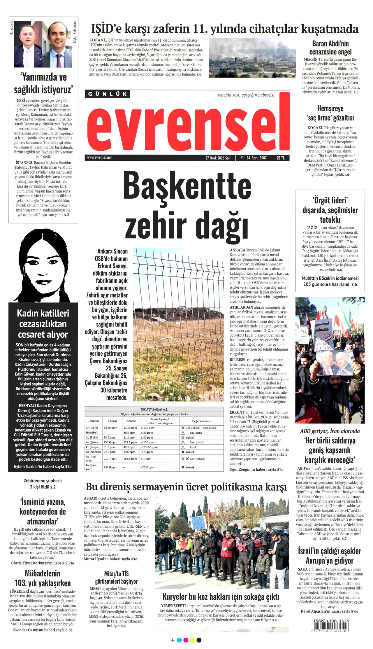 EVRENSEL gazetesinin 27 Ocak 2026 tarihli birinci sayfası