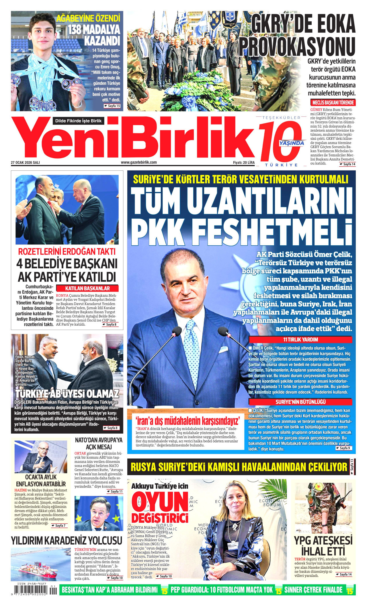 YENİBİRLİK gazetesinin 27 Ocak 2026 tarihli birinci sayfası