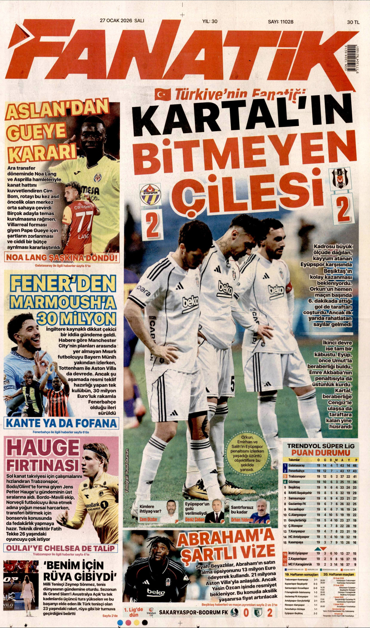 FANATİK gazetesinin 27 Ocak 2026 tarihli birinci sayfası