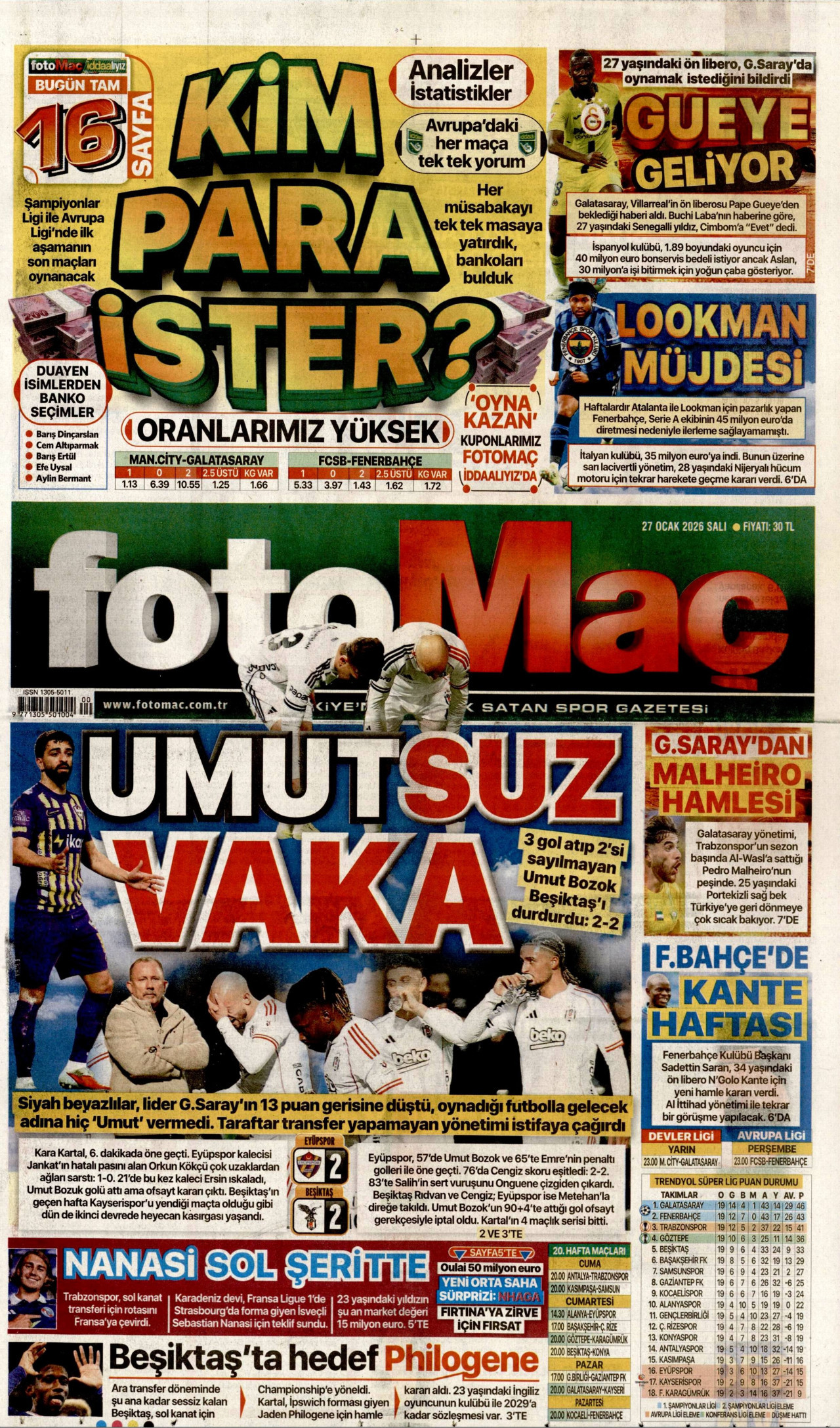 FOTOMAÇ gazetesinin 27 Ocak 2026 tarihli birinci sayfası