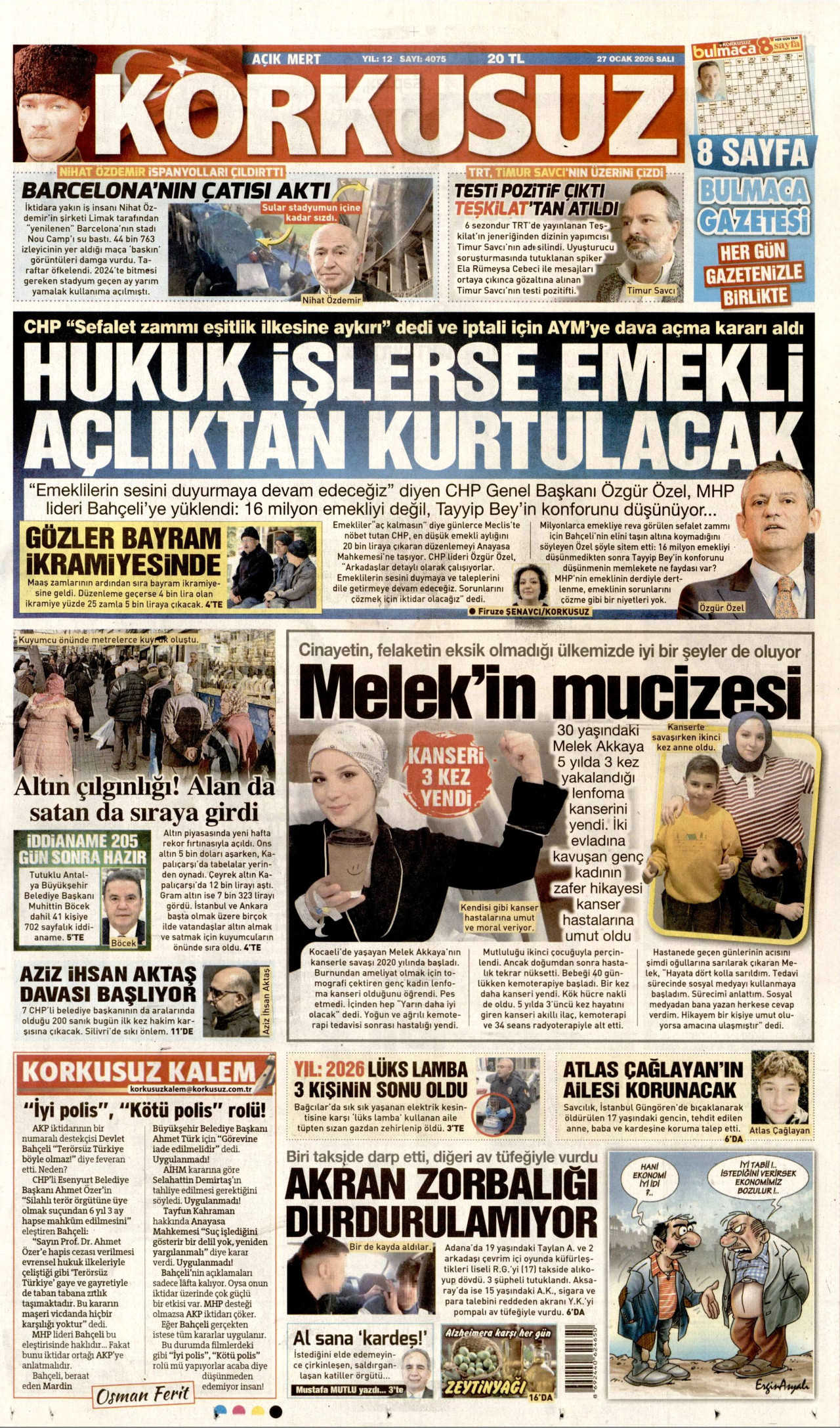 KORKUSUZ gazetesinin 27 Ocak 2026 tarihli birinci sayfası