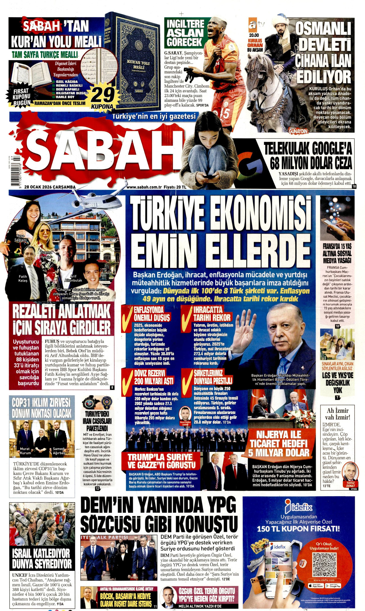 SABAH gazetesinin 28 Ocak 2026 tarihli birinci sayfası