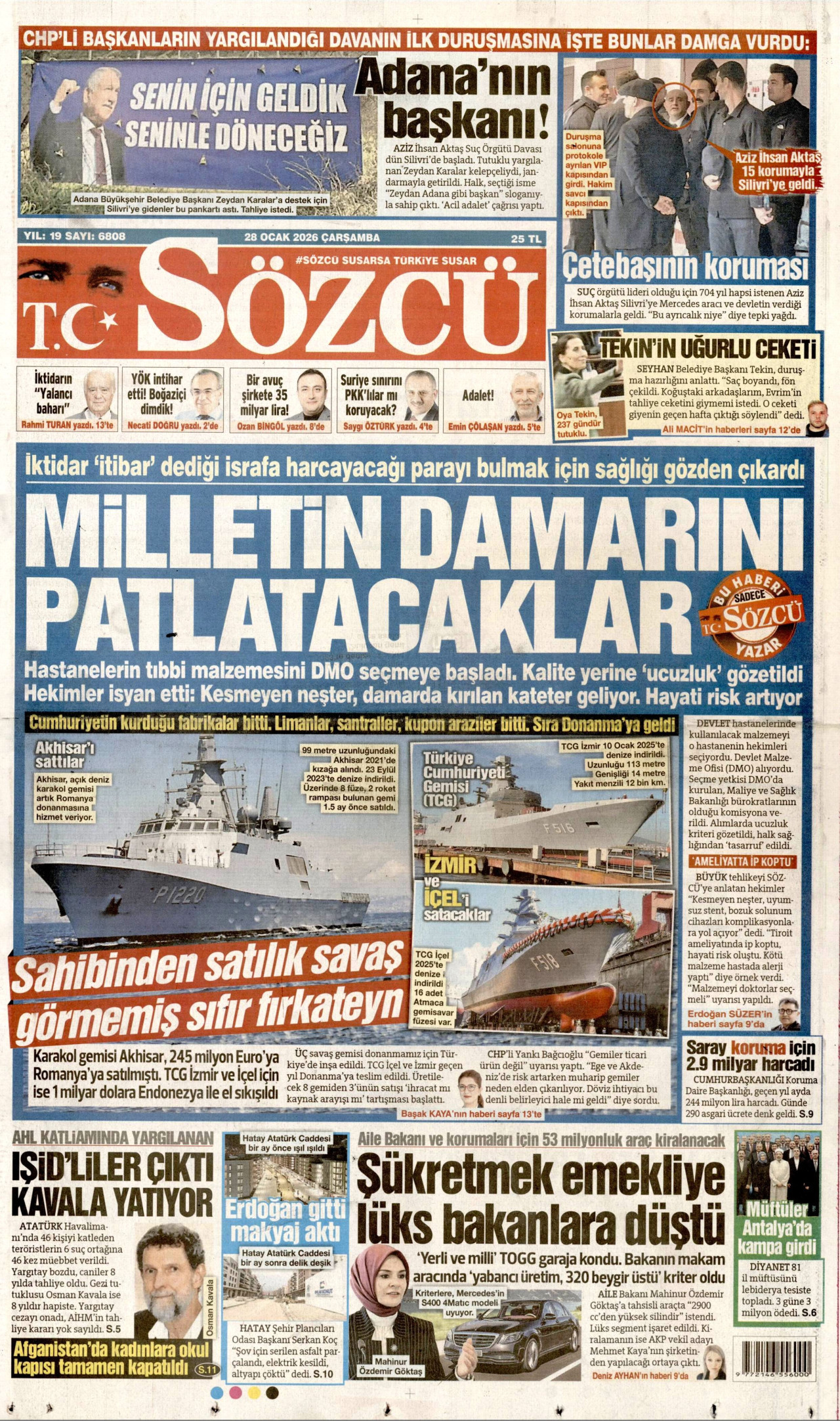 SÖZCÜ gazetesinin 28 Ocak 2026 tarihli birinci sayfası