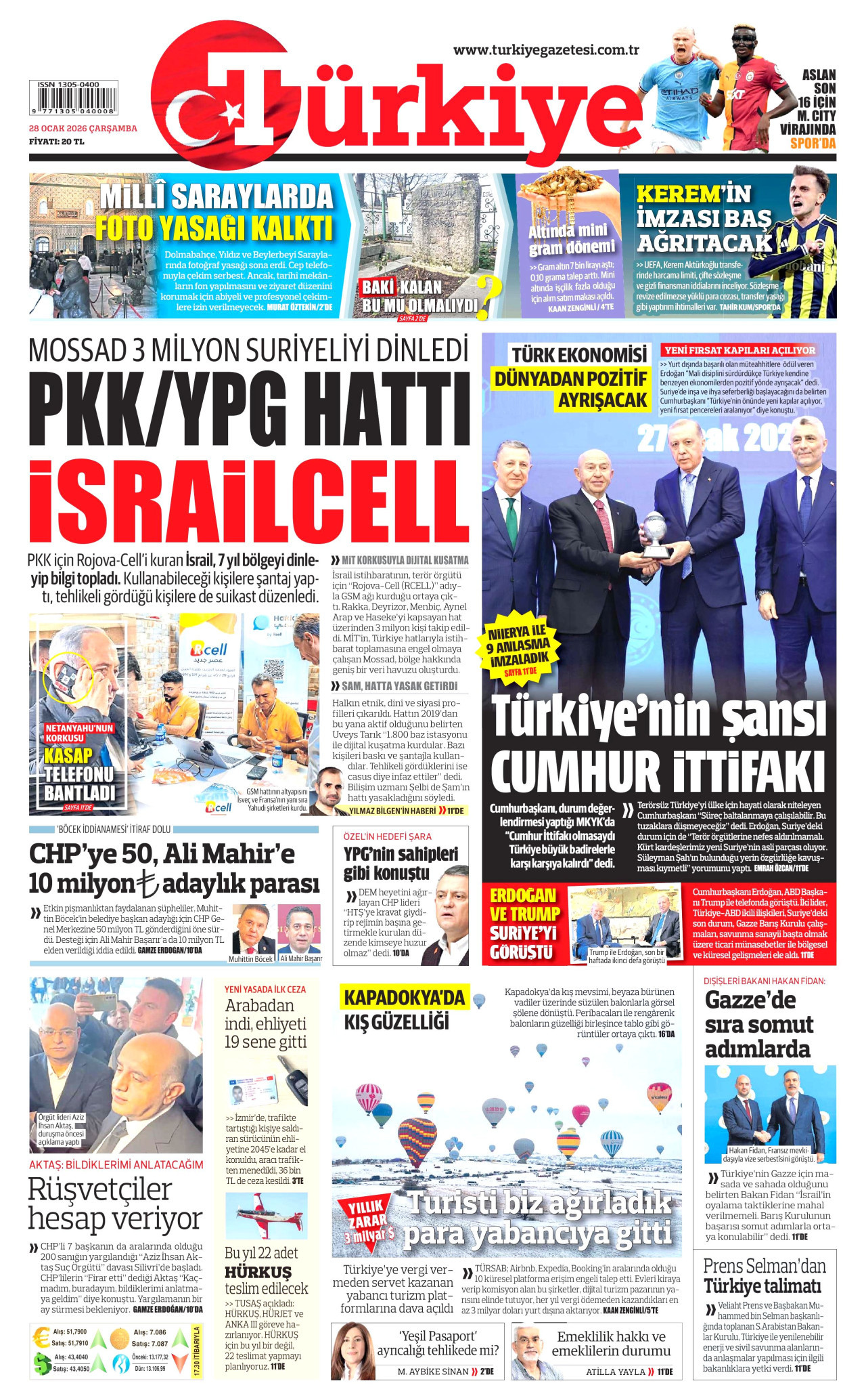 TÜRKİYE GAZETESİ gazetesinin 28 Ocak 2026 tarihli birinci sayfası