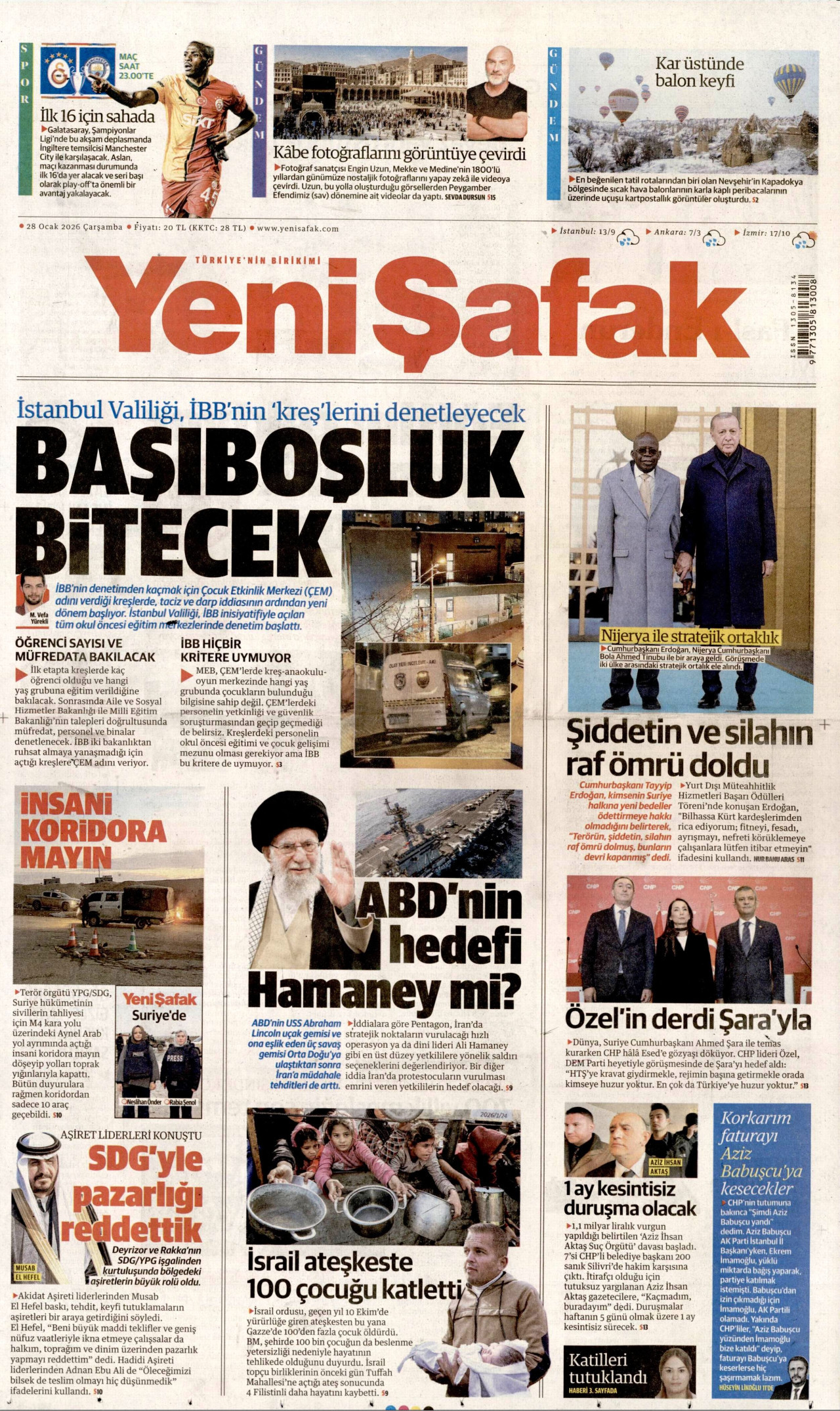 YENİ ŞAFAK gazetesinin 28 Ocak 2026 tarihli birinci sayfası