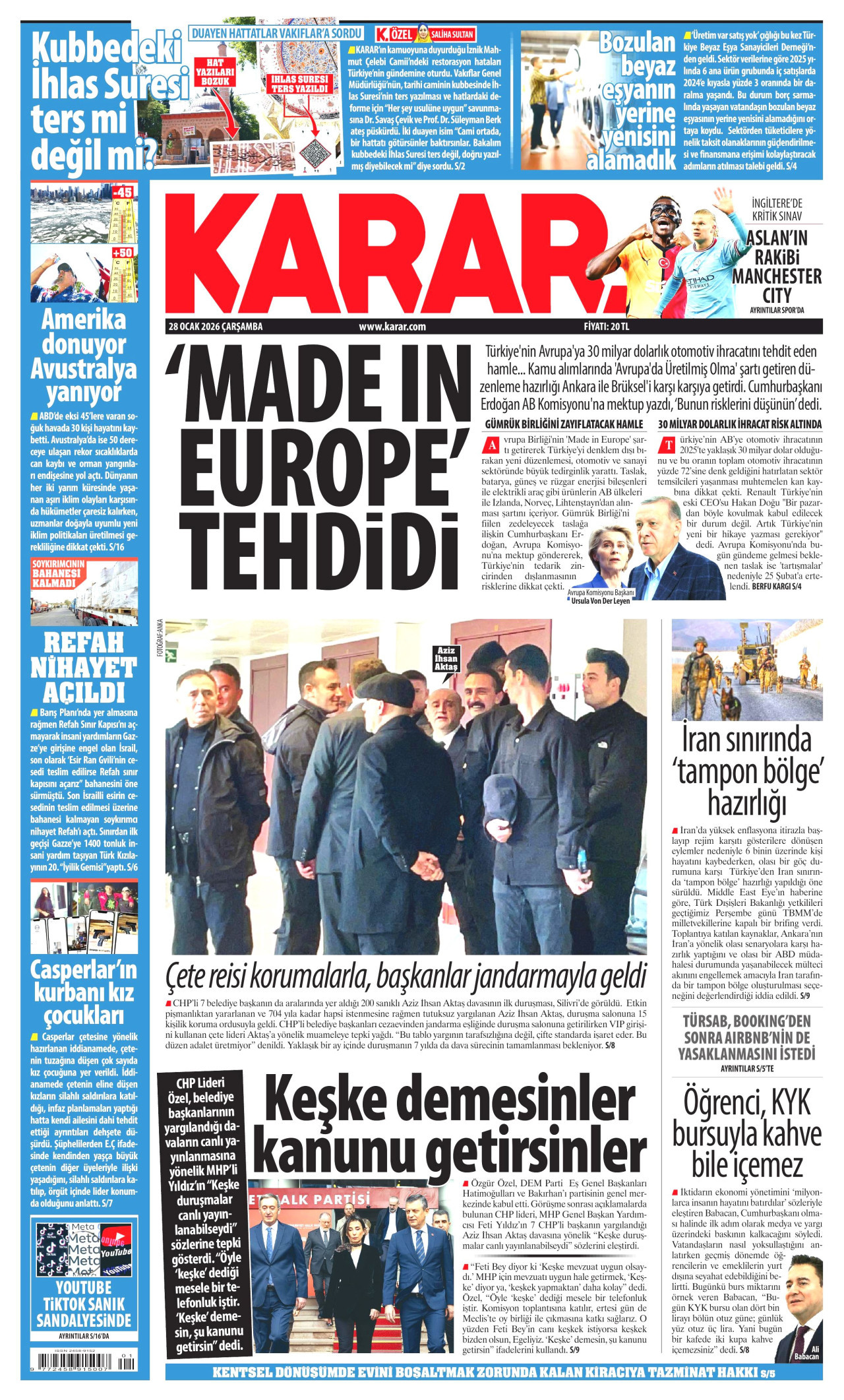 KARAR gazetesinin 28 Ocak 2026 tarihli birinci sayfası
