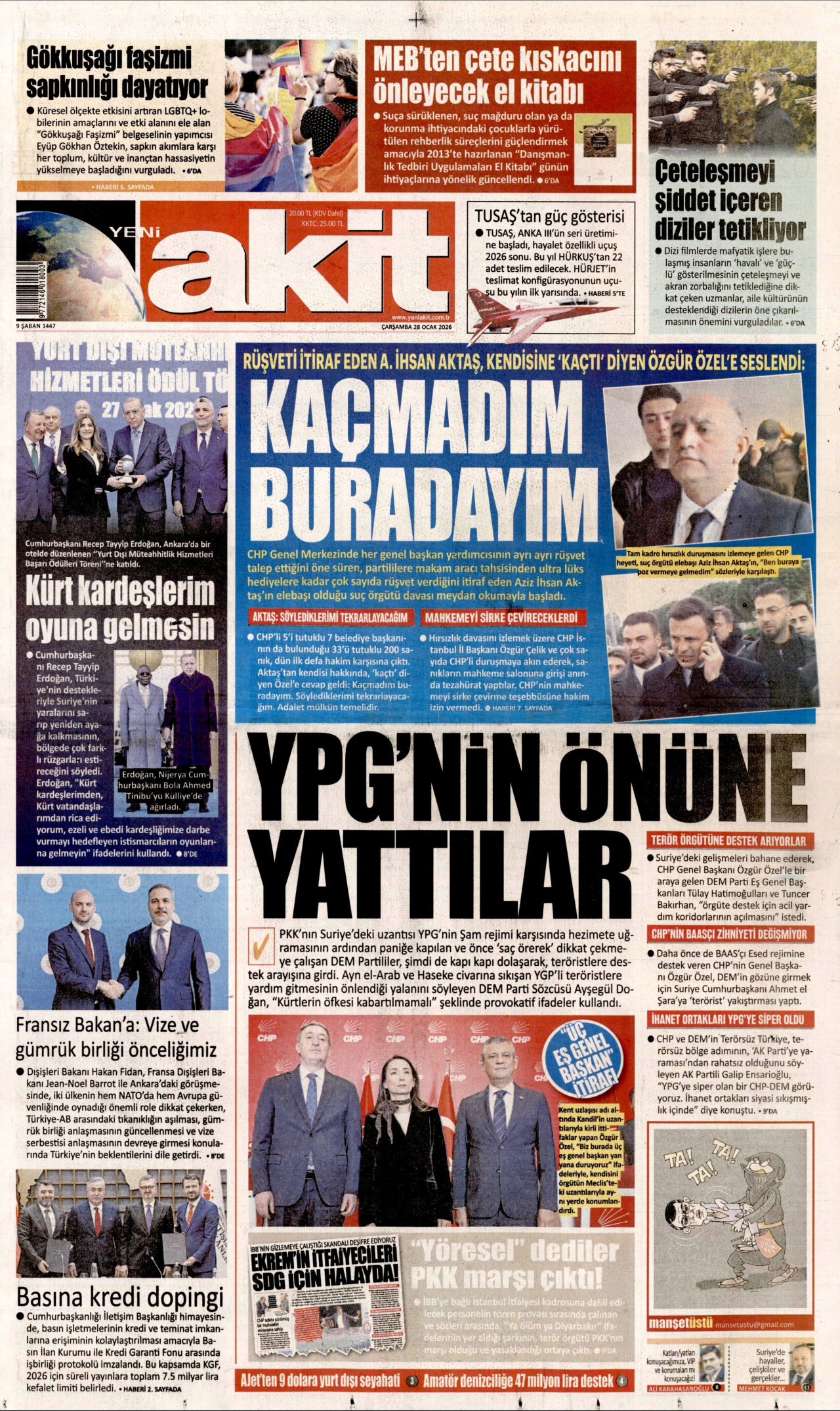YENİ AKİT gazetesinin 28 Ocak 2026 tarihli birinci sayfası