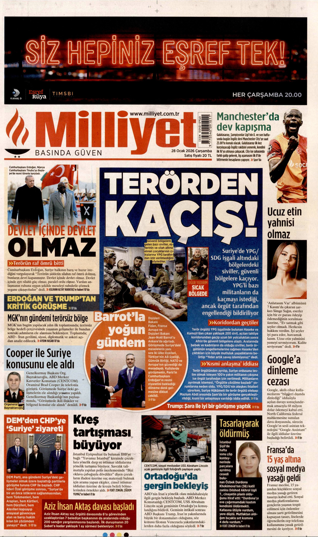 MİLLİYET gazetesinin 28 Ocak 2026 tarihli birinci sayfası