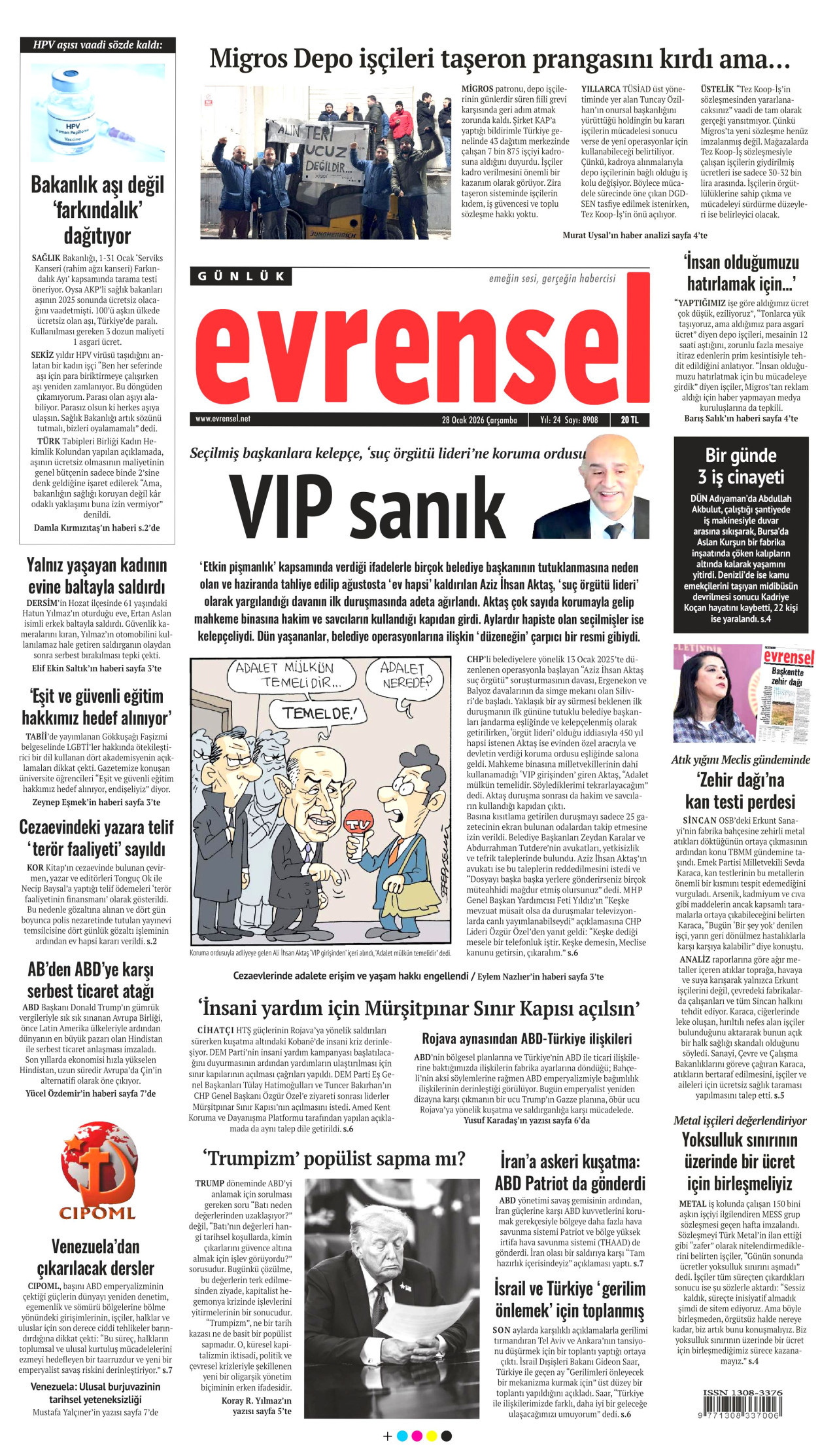 EVRENSEL gazetesinin 28 Ocak 2026 tarihli birinci sayfası