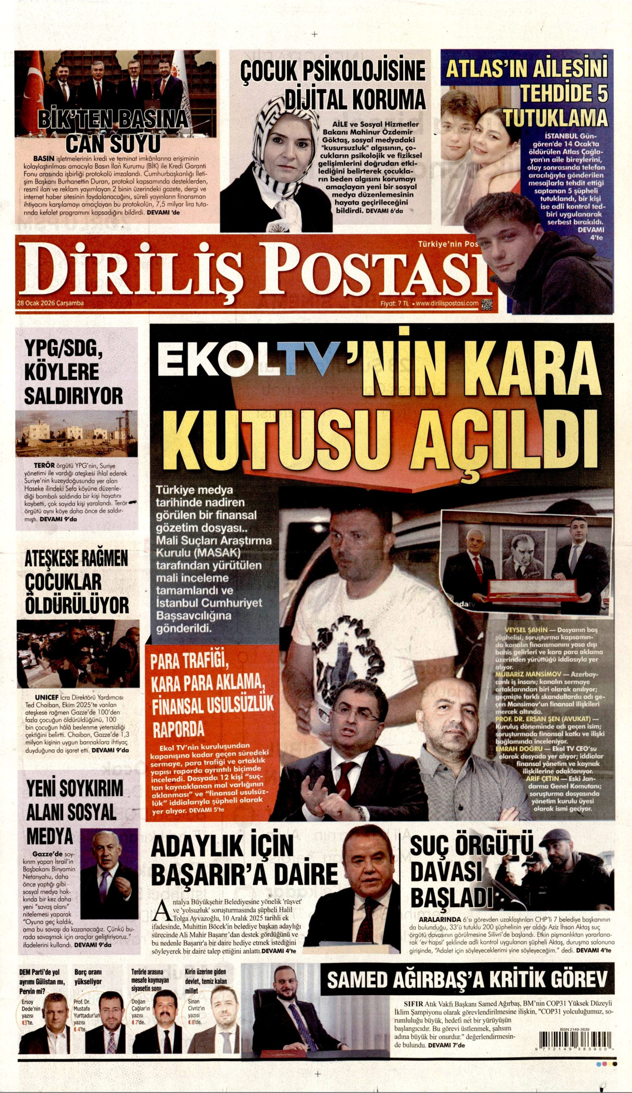 DİRİLİŞ POSTASI gazetesinin 28 Ocak 2026 tarihli birinci sayfası
