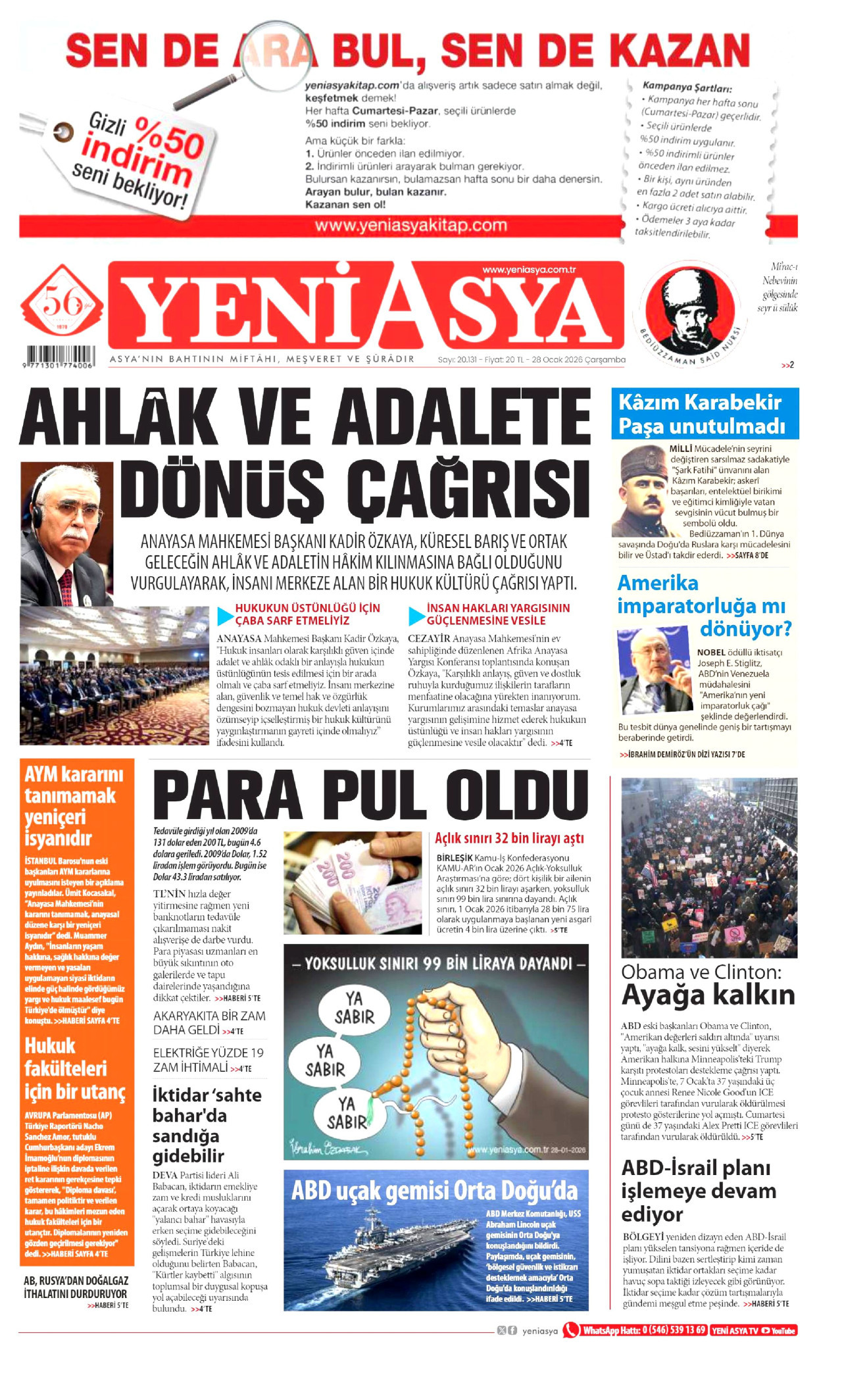 YENİ ASYA gazetesinin 28 Ocak 2026 tarihli birinci sayfası