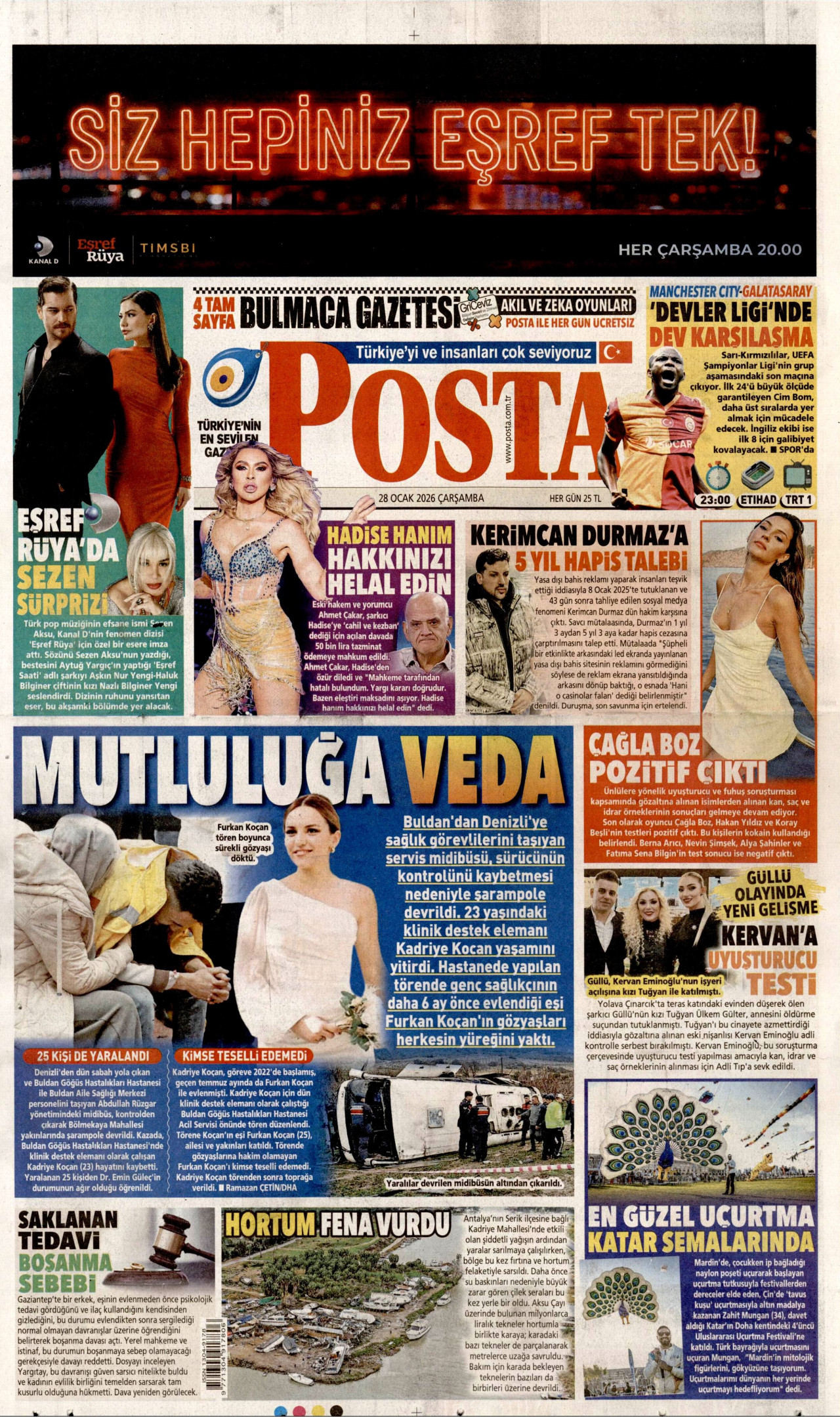 POSTA gazetesinin 28 Ocak 2026 tarihli birinci sayfası