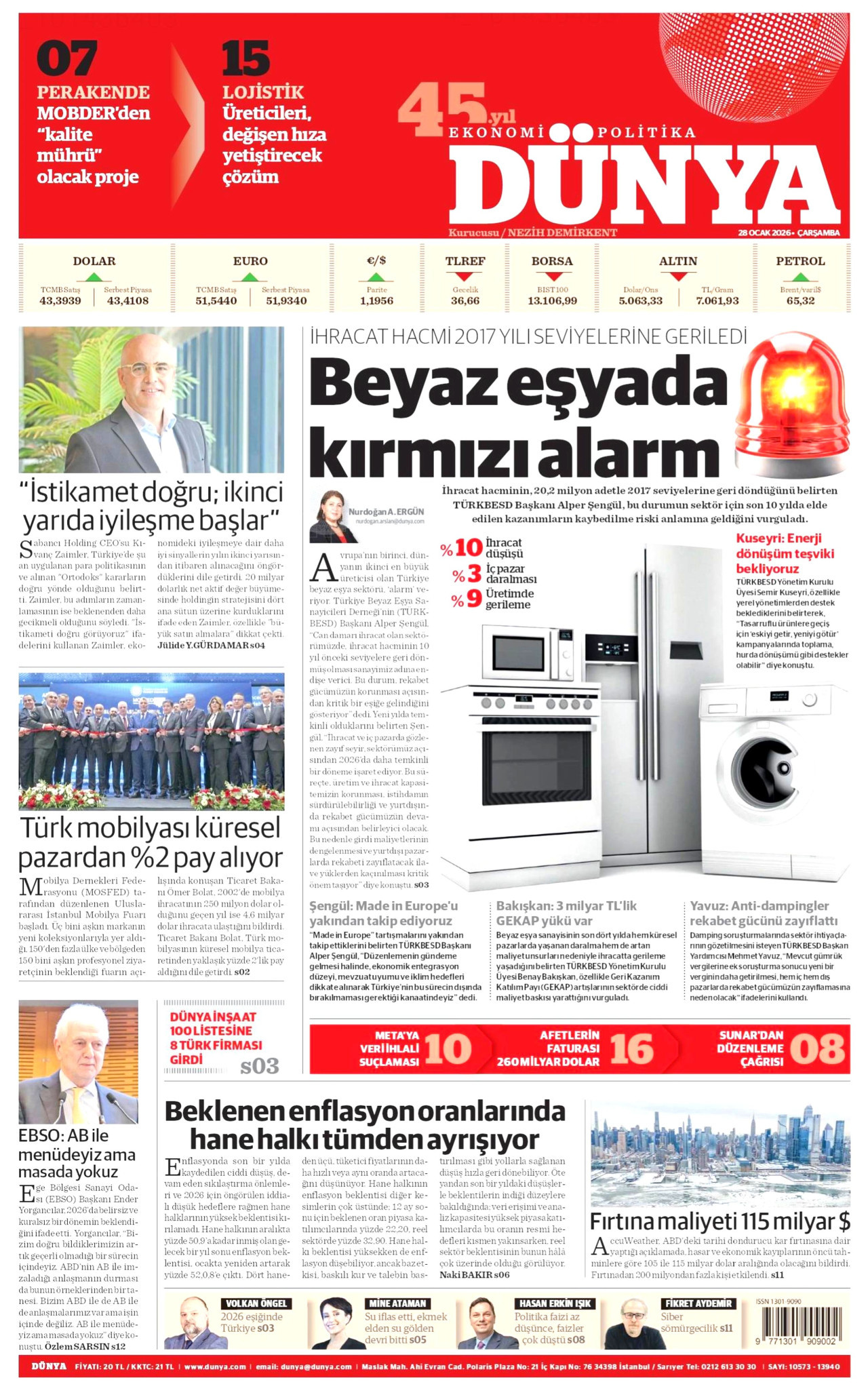 DÜNYA gazetesinin 28 Ocak 2026 tarihli birinci sayfası